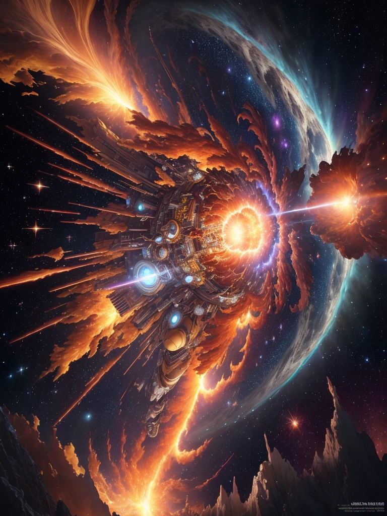 the overdetailed shot of an astronaut exploring an explosion of a supernova, Michael Kaluta, Aleksandr Kuskov, Christophe Heughe, Adobe After Effects, Post-Production, SFX, detailed, intricate, maximalist, elegant, ornate, realistic, super detailed, serene, 16k resolution, 3ds max, vray