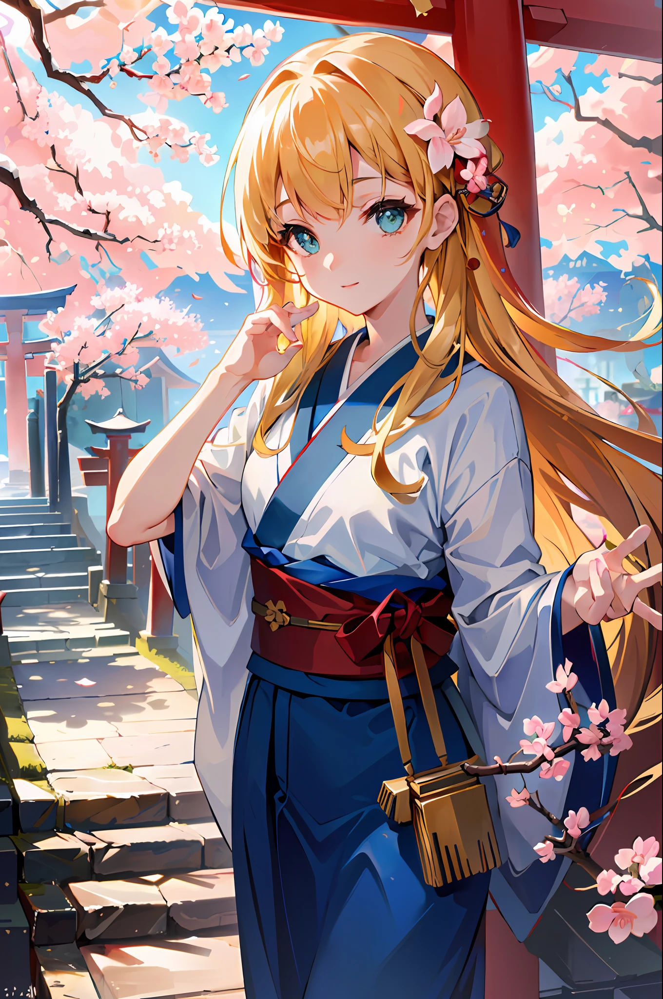 (((masterpiece: 1,5, best quality, high resolution, super resolution, ultra detailed: 1,2, rich background: 1,4))), (close up), (1girl), solo, green eyes, blonde long hair tied with blue ribbon, hair ornament, blunt bangs, smiling, highschool girl, medium breast, ((hand on the air)), japanese clothes, (blue short pattern kimono), sandals, ribbon, obi, ((outdoor)), cherry blossom, (torii gate), stone staircase, sky (afternoon), cherry blossoms fall, ((dramatic light: 1,3)), cloudy, (fuji scenery behind)