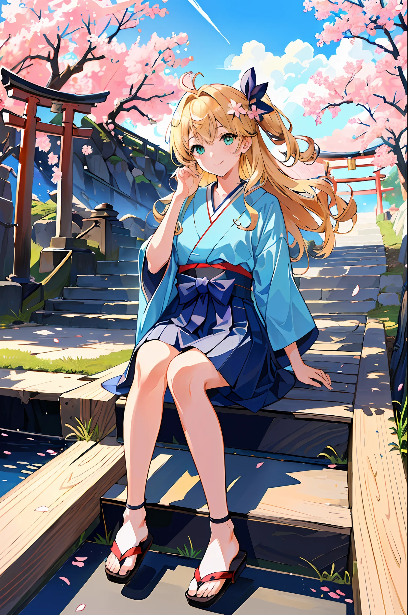 (((masterpiece: 1,5, best quality, high resolution, super resolution, ultra detailed: 1,2, rich background: 1,4))), (close up), (1girl), solo, green eyes, blonde long hair tied with blue ribbon, hair ornament, blunt bangs, smiling, highschool girl, medium breast, ((hand on the air)), japanese clothes, (blue short pattern kimono), sandals, ribbon, obi, ((outdoor)), cherry blossom, (torii gate), stone staircase, sky (afternoon), cherry blossoms fall, ((dramatic light: 1,3)), cloudy, (fuji scenery behind)