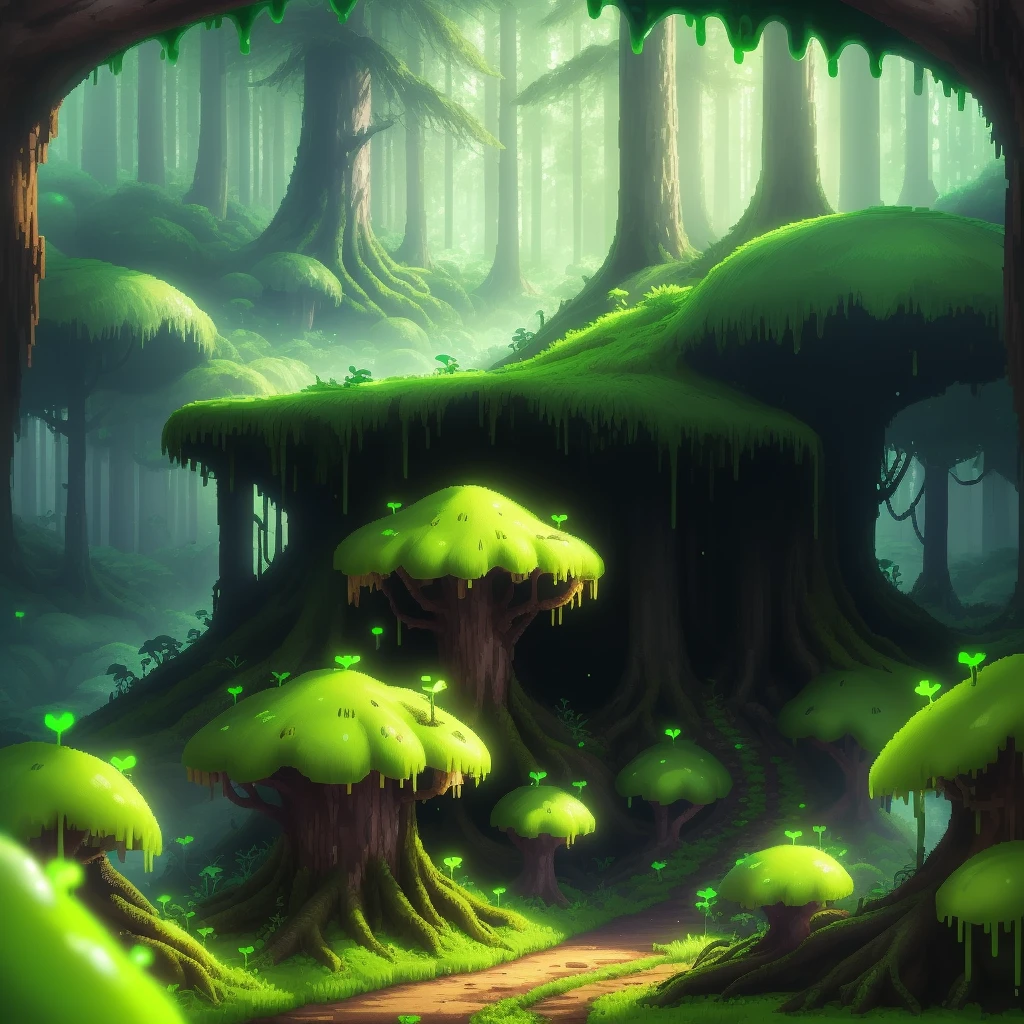 a close up of a video game screen with a green background, forest in the background, video game background, , video game sprite, forest background, 2d side scrolling game, slime mold forest environment, game background 2d, outer forest, pixel game screenshot, radiant slime trail
