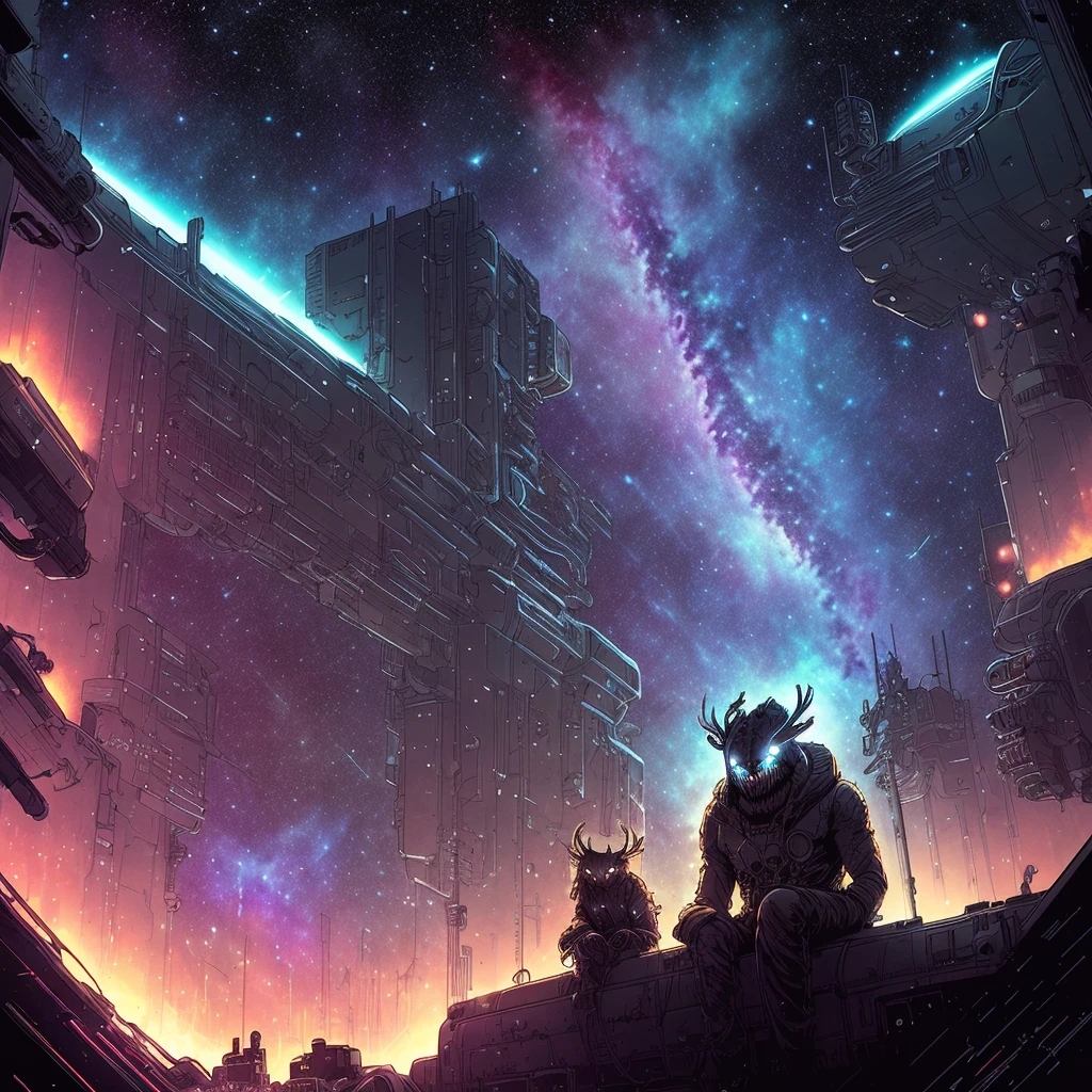 Wendigo listening to headphones, Splash panel art style Sean Gordon Murphy, on spaceship, lofi colors, window view endless cosmos galaxy nebula in background, ultra detailed illustration, music poster, glow around face,