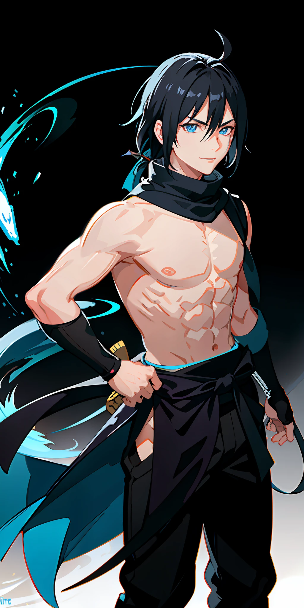 upper body, facing forward, 1boy, strong, rock hair, long ponytail, blue eyes (ninja Sasuke ichiha style), long sword, big chest, scarf, wallpaper, magic circle background, particles of light, rock fire, emanating rock radiant light, smiling
