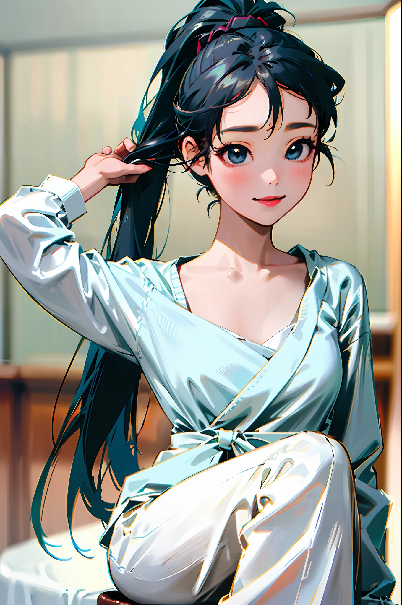 Korean girl, black hair, older sister, tying her hair into a ponytail and smiling to the narrator, high definition picture, masterpiece, (beautiful girl, cafe, seductive, virgin, sexy), (secretary), fierce smile, Miku, Hatsune Miku,