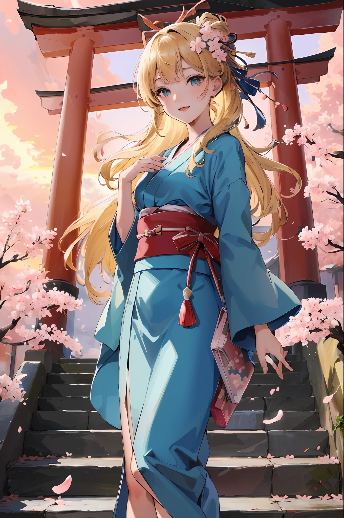 (((masterpiece: 1,5, best quality, high resolution, super resolution, ultra detailed: 1,2, rich background: 1,4))), (close up), (1girl), solo, green eyes, blonde long hair tied with blue ribbon, hair ornament, blunt bangs, smiling, highschool girl, medium breast, ((hand on the air)), japanese clothes, (blue short pattern kimono), sandals, ribbon, obi, ((outdoor)), cherry blossom, (torii gate), stone staircase, sky (afternoon), cherry blossoms fall, ((dramatic light: 1,3)), cloudy, (fuji scenery behind)