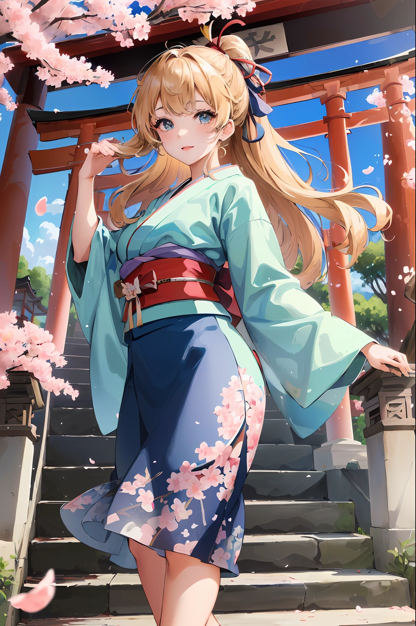 (((masterpiece: 1,5, best quality, high resolution, super resolution, ultra detailed: 1,2, rich background: 1,4))), (close up), (1girl), solo, green eyes, blonde long hair tied with blue ribbon, hair ornament, blunt bangs, smiling, highschool girl, medium breast, ((hand on the air)), japanese clothes, (blue short pattern kimono), sandals, ribbon, obi, ((outdoor)), cherry blossom, (torii gate), stone staircase, sky (afternoon), cherry blossoms fall, ((dramatic light: 1,3)), cloudy, (fuji scenery behind)
