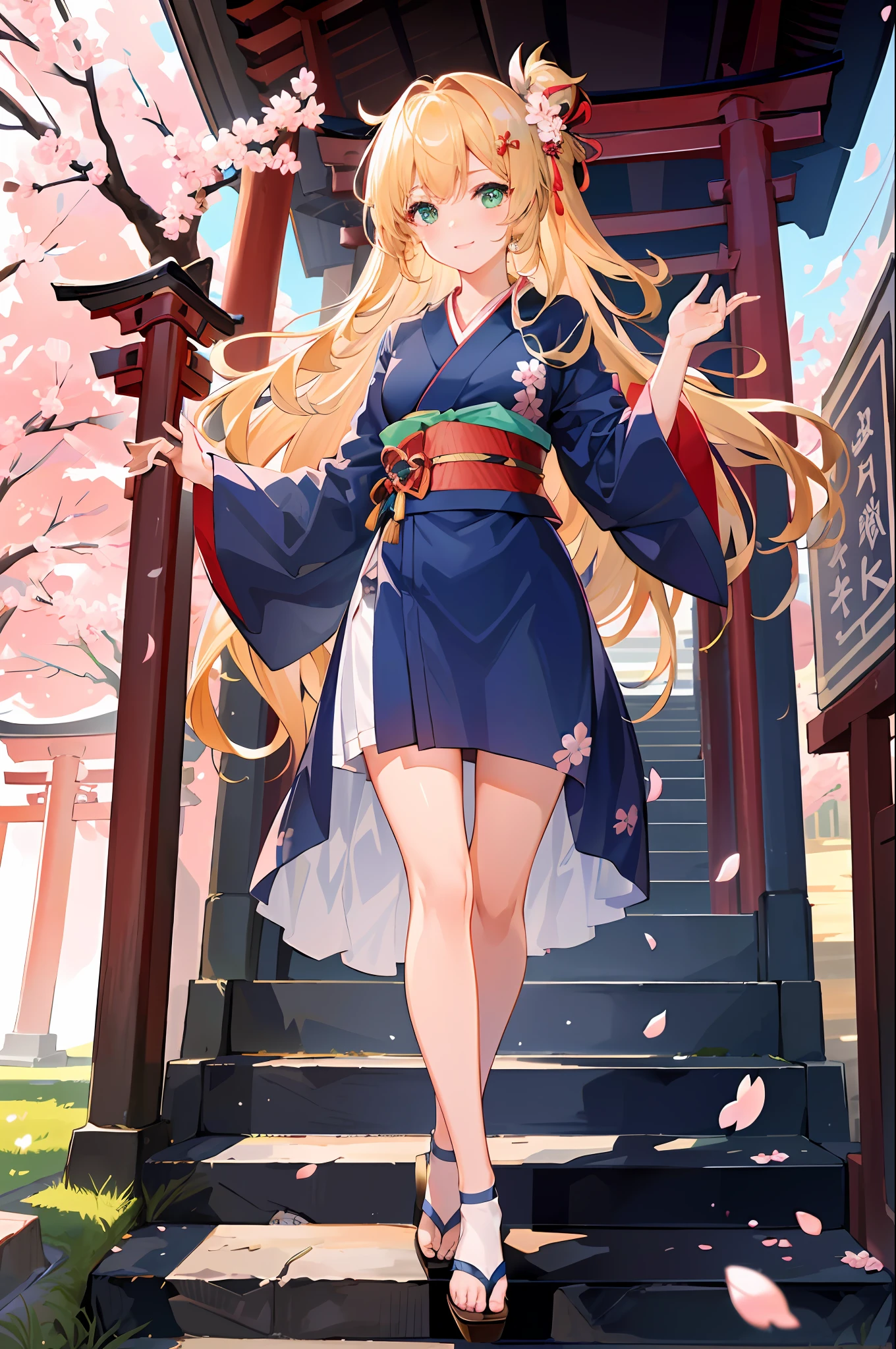 (((masterpiece: 1,5, best quality, high resolution, super resolution, ultra detailed: 1,2, rich background: 1,4))), (close up), (1girl), solo, green eyes, blonde long hair tied with blue ribbon, hair ornament, blunt bangs, smiling, highschool girl, medium breast, ((hand on the air)), japanese clothes, (blue short pattern kimono), sandals, ribbon, obi, ((outdoor)), cherry blossom, (torii gate), stone staircase, sky (afternoon), cherry blossoms fall, ((dramatic light: 1,3)), cloudy, (fuji scenery behind)