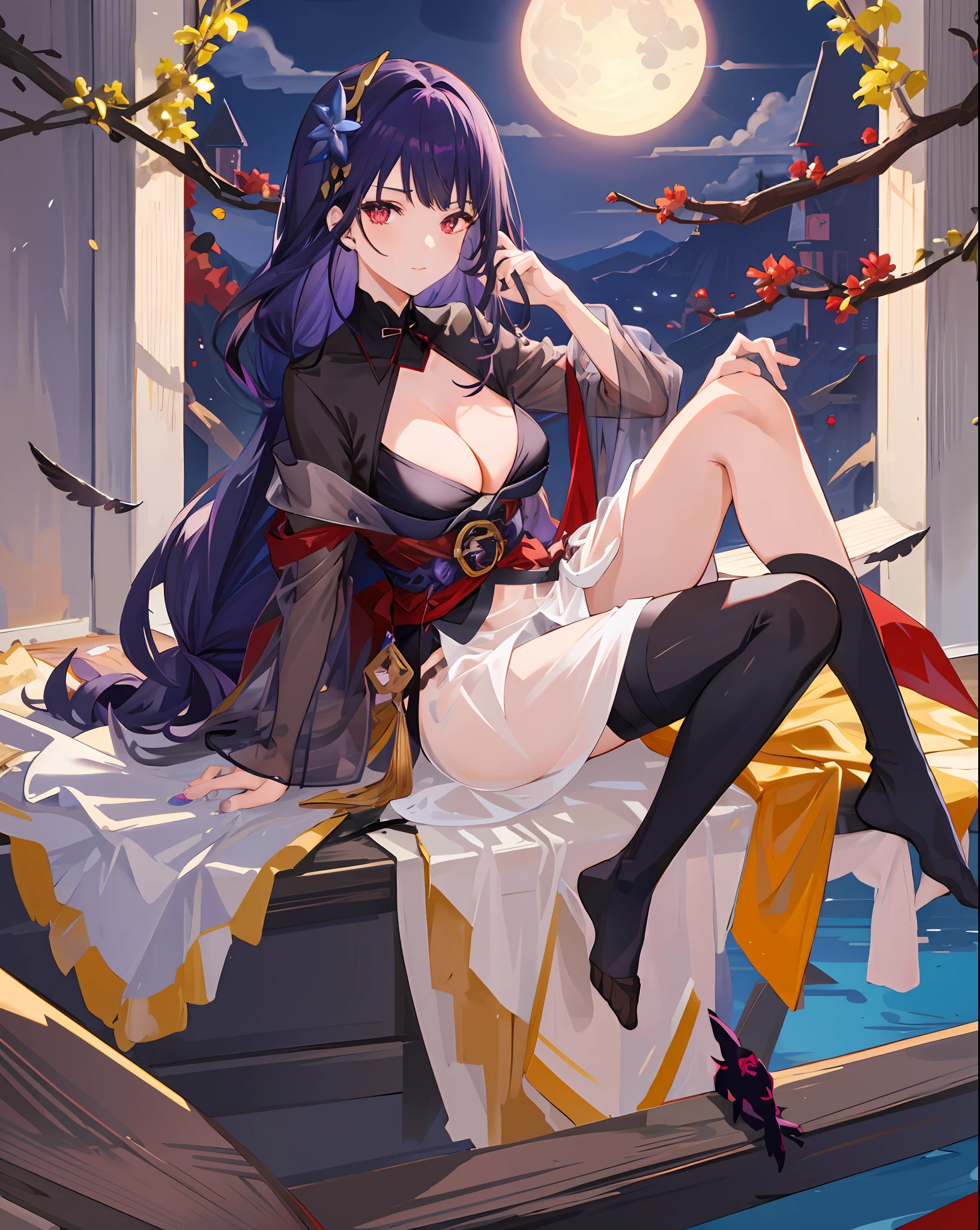 1girl,dark purple hair,long bangs,belt,crow, black cape ,black pantyhose,red eyes, bikini bra,medium breasts,feather hair ornament,dark forest ,grey panties ,hair flower,hand on leg,looking at viewer ,black pantyhose,((see-through)),sitting in tree,branch,underwear,light smile ,night,full body, full moon, crow,