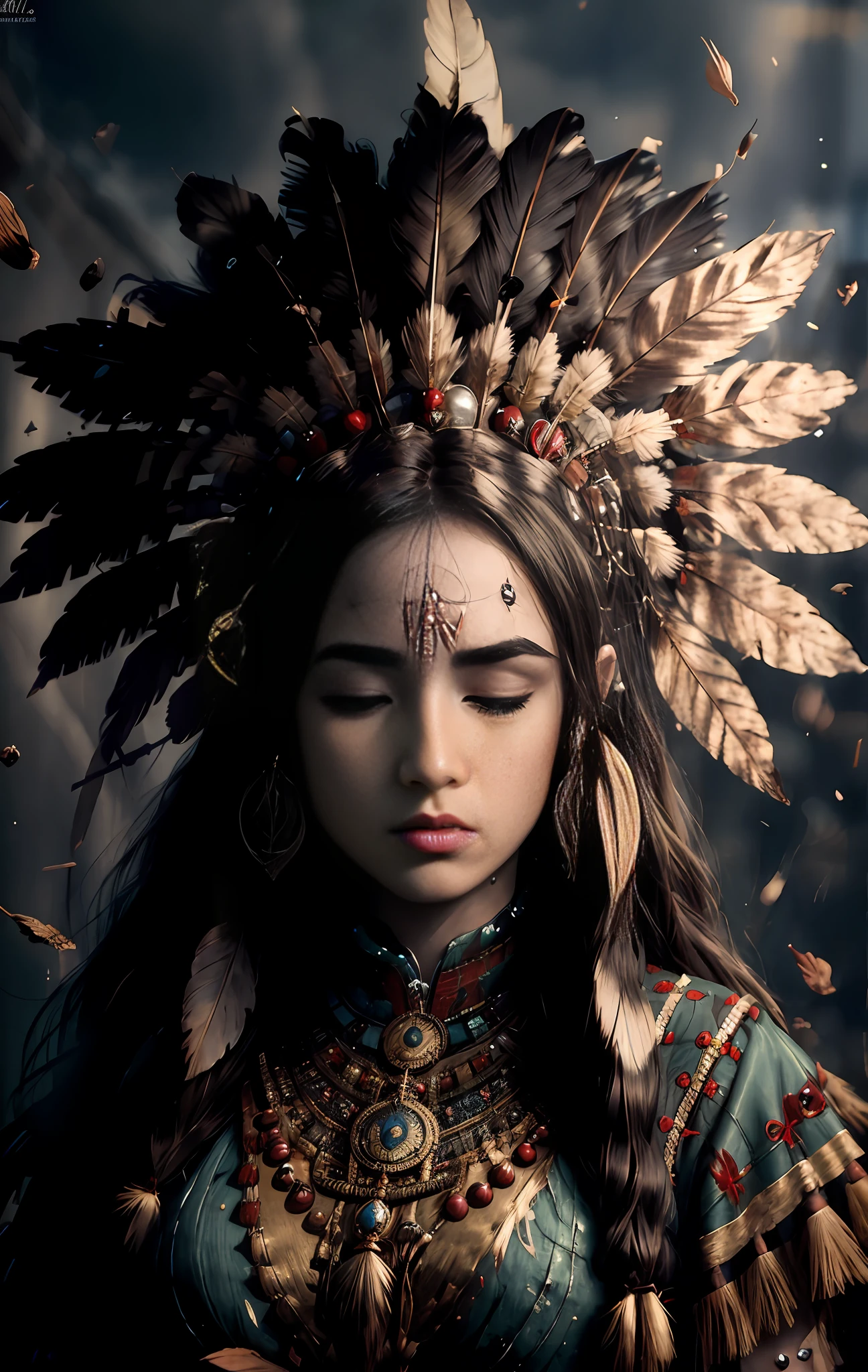 (full portrait), (half shot), solo, detailed background, detailed face, (stonepunkAI, stone theme:1.1), wise, (female), (native american), (beautiful hair, braids:0.2), shaman, septum piercing, mystical, (gorgeous face), stunning, head tilted upwards, (eyes closed, serene expression), calm, meditating, Seafoam Green frayed clothes, prayer beads, tribal jewelry, feathers in hair, headdress:0.33, jade, obsidian, detailed clothing, cleavage, realistic skin texture, (floating particles, water swirling, embers, ritual, whirlwind, wind:1.2), sharp focus, volumetric lighting, good highlights, good shading, subsurface scattering, intricate, highly detailed, ((cinematic)), dramatic, (highest quality, award winning, masterpiece:1.5), (photorealistic:1.5), (intricate symmetrical warpaint:0.5),