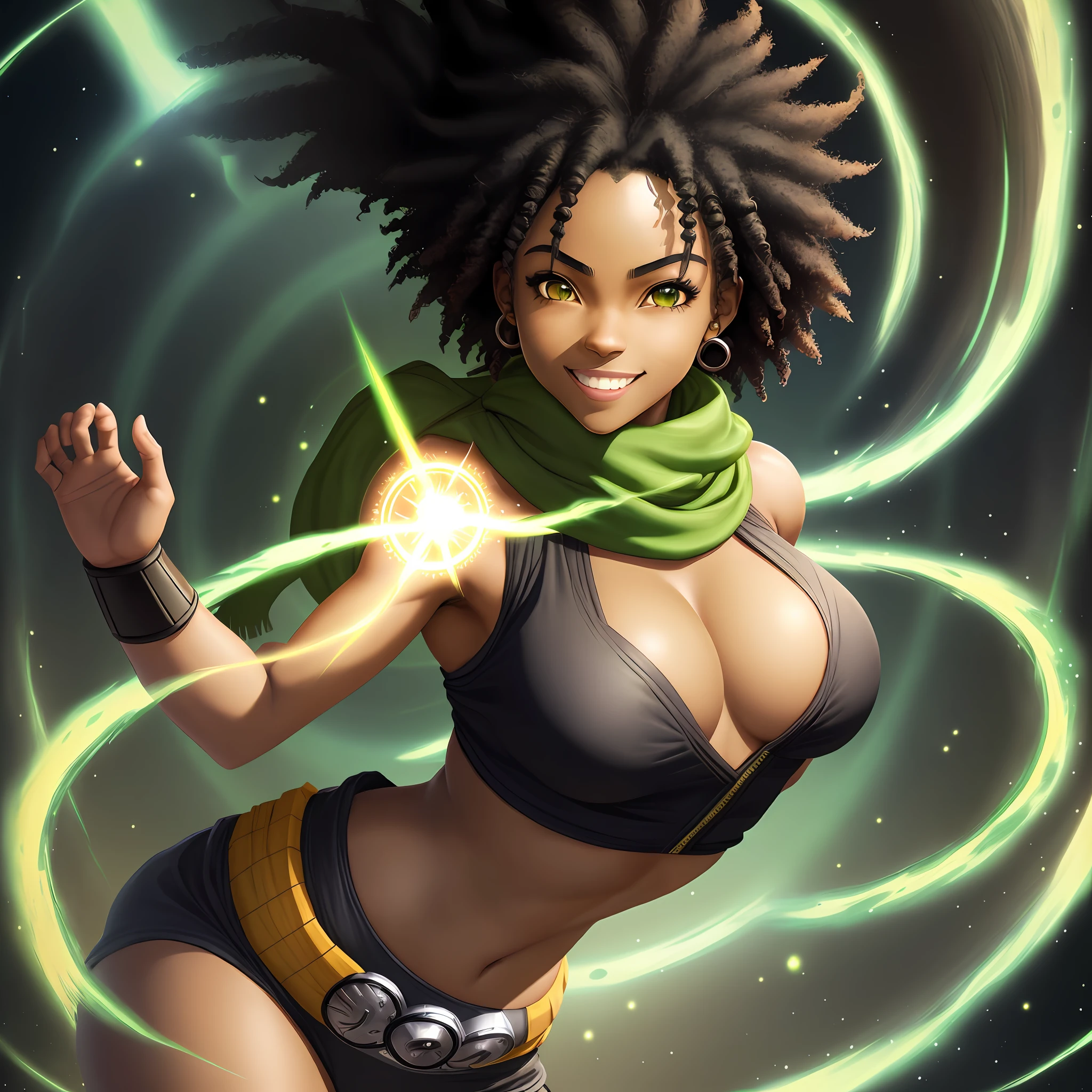upper body, facing forward, 1gril, african woman, black hair with afro, mulatto skin color, green eyes, (Naruto style ninja), big chest, scarf, wallpaper, magic circle background, particles of light, green fire, emanating radiant light, smiling, realistic