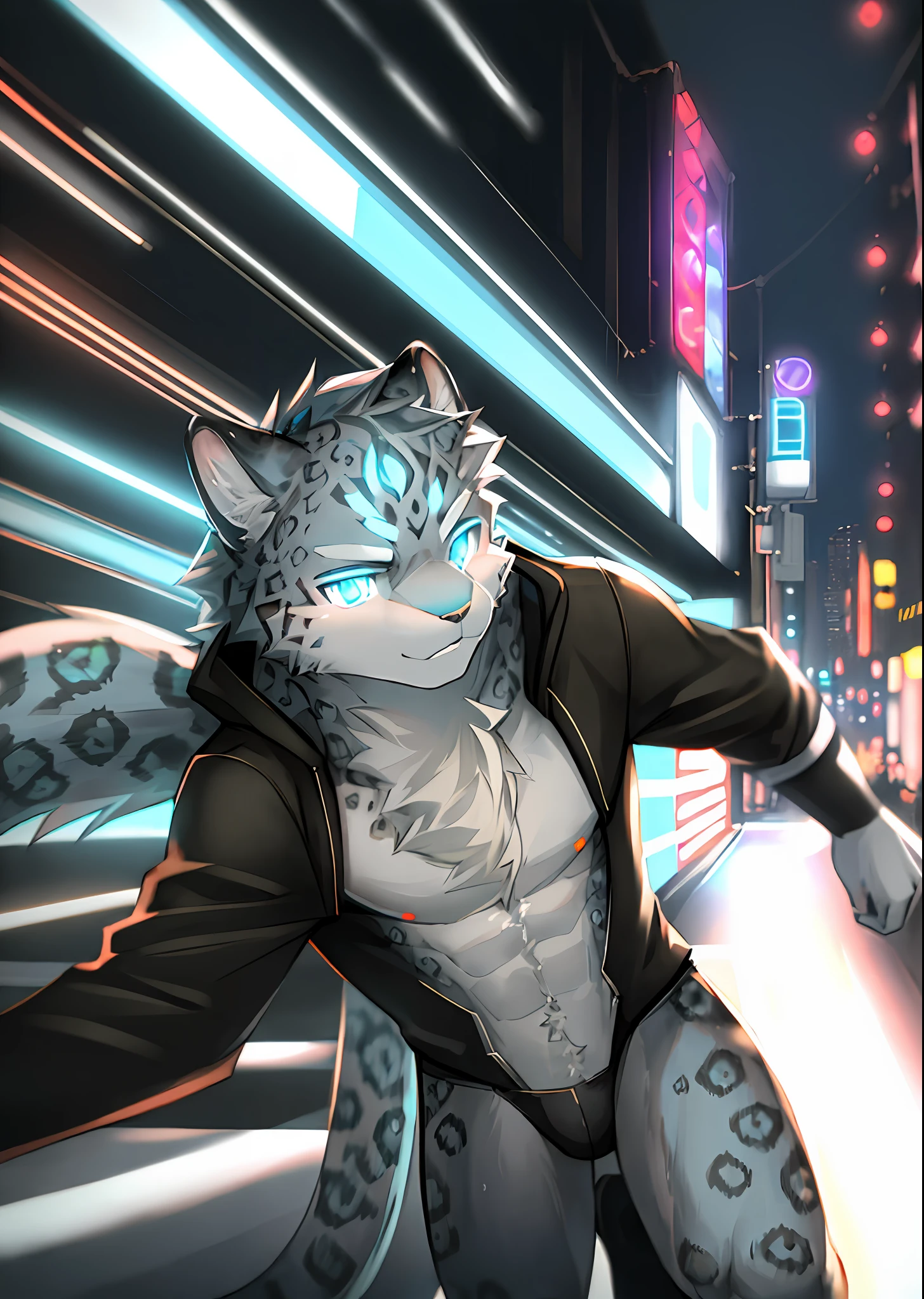 ((solo)), cinematic wide angle portrait of a handsome  (Anthro furry  snow leopard male, marksman), cyberpunk, Tokyo, night street, dynamic posing, neon lights,  ((powerful, serious, strong, detailed feline face, big detailed clear eyes), looking away),  natural soft lighting, 8k, SFW, peaceful , hires, (fluffy:1.1), strong, cinematic, filmic, speed, running, (detailed body fur:1.1),