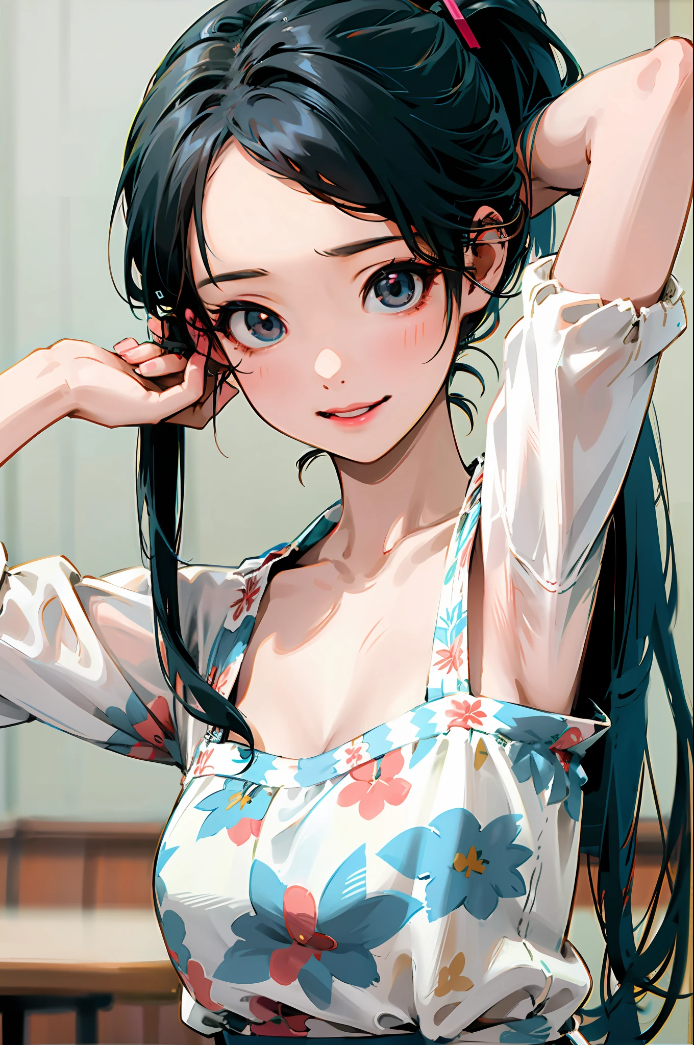 Korean girl, black hair, older sister, tying her hair into a ponytail and smiling to the narrator, high definition picture, masterpiece, (beautiful girl, cafe, seductive, virgin, sexy), (secretary), fierce smile, Miku, Hatsune Miku,