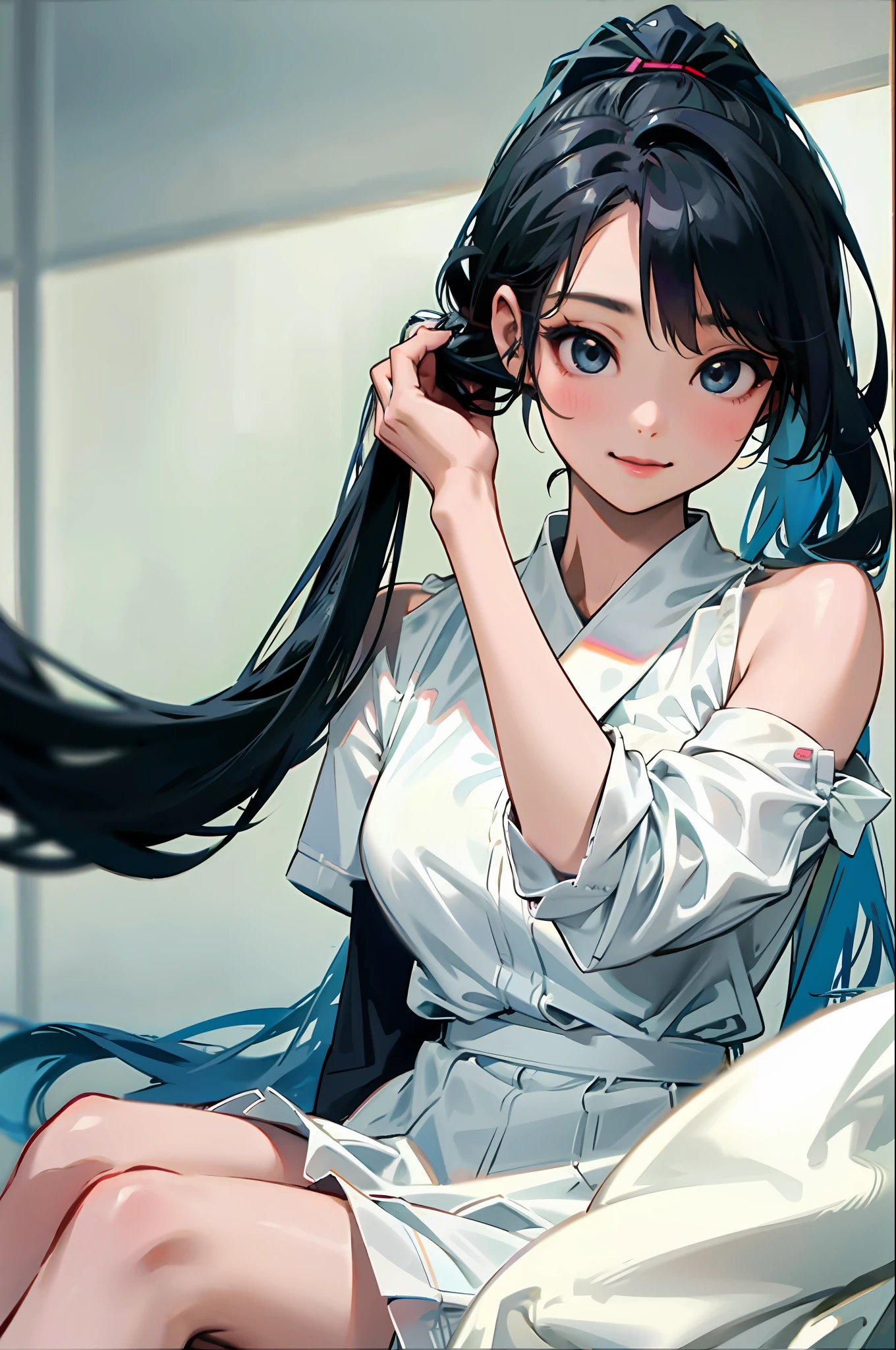 Korean girl, black hair, older sister, tying her hair into a ponytail and smiling to the narrator, high definition picture, masterpiece, (beautiful girl, cafe, seductive, virgin, sexy), (secretary), fierce smile, Miku, Hatsune Miku,