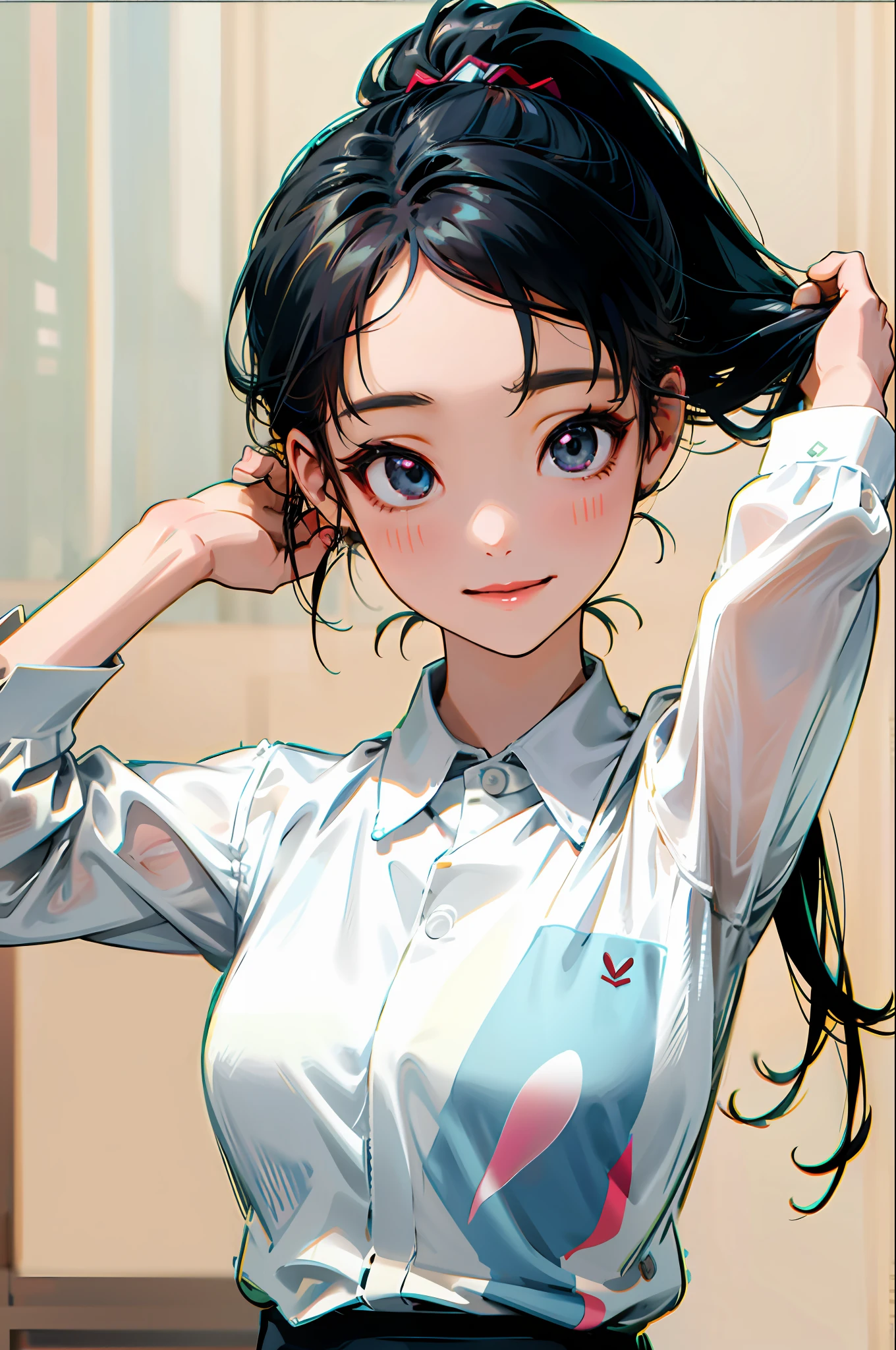 Korean girl, black hair, older sister, tying her hair into a ponytail and smiling to the narrator, high definition picture, masterpiece, (beautiful girl, cafe, seductive, virgin, sexy), (secretary), fierce smile, Miku, Hatsune Miku,
