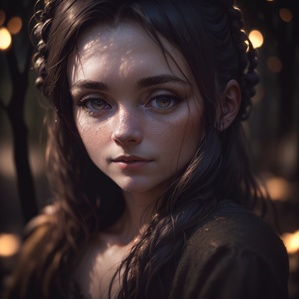 (Cinematic Photo:1.3) of (Realistic:1.3) portrait an village 25 years old european women, night, dark fairy beautiful bushy autumn forest, dark background, 16k, low angle, 24 mm lens, (((sharp focus:1.5))), (((depth of sharpness:1.5))), (photorealistic:1.5), (skin texture:1), cinematic, hyperdetailed,Highly Detailed