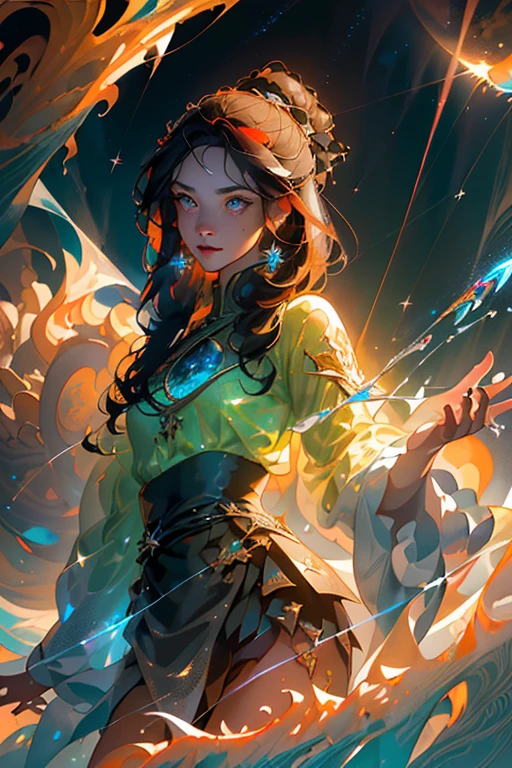 yelowish green shirt, flame and water, blue and orange, (best quality, masterpiece), moon, magical, pose, ice and fire particle, magic, hand conjuring water, water trail on air, wind, flower, upper body, detailed background, detailed clothes, glowing, looking at viewer, blonde, galaxy,hand with five fingers, (sharp eyes), emerald shirt, detailed clothes, blue water trail in the air, eye looking straight through the view, flying particles, dust, mirage, wind, conjure magic of ice on hand, ice and fire, chrysanthemum in the background, yellow and blue lighting,best quality, beautifully painted,(denoising:0.6),[splash ink],((ink refraction)), (beautiful detailed sky),moon,(masterpiece, ultra-detailed),(Lycoris radiata), (((realism))), ((detailed face)), (detailed pupils), water and fire, particle, lips, solo focus, woman, cinematic lighting, dynamic pose, ominous, gorgeous, magical effects, baroque, ((((full body)))), jewelry, ((flowing cloth)), ornate, very long sleeves, long skirt, detailed texture, glowing eyes, (glowing cracks, flowing cloth), evil smile, detailed background, curly hair, short hair, reflective floor, temple, stars, (caustics), temple, loincloth, (particleA:0.8), (in the style of dispersion)detail background, hand free, photo realistic, yellow and blue lighting,best quality, beautifully painted,highly detailed,(denoising:0.6),[splash ink],((ink refraction)), (beautiful detailed sky),moon,highly,detaild,(masterpiece, best quality, extremely detailed CG unity 8k wallpaper,masterpiece, best quality, ultra-detailed),(Lycoris radiata) (best quality, masterpiece), 1girl, pose, particles, wind, upper body, simple background, looking at viewer, blonde, milky way, (best quality, masterpiece), 1girl, flame, galaxy, smoke,official art, masterpiece,