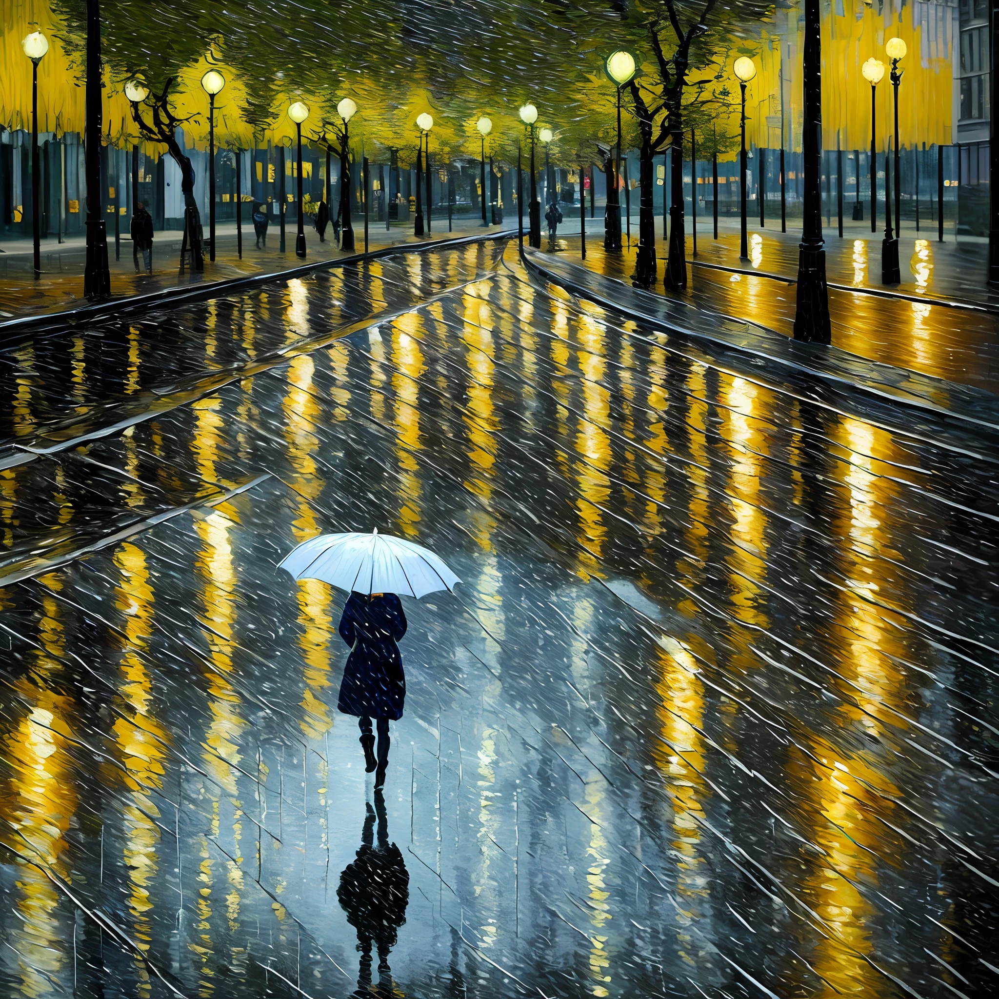 A person walking in an Alameda, raining, reflections on the floor, van gogh style painting