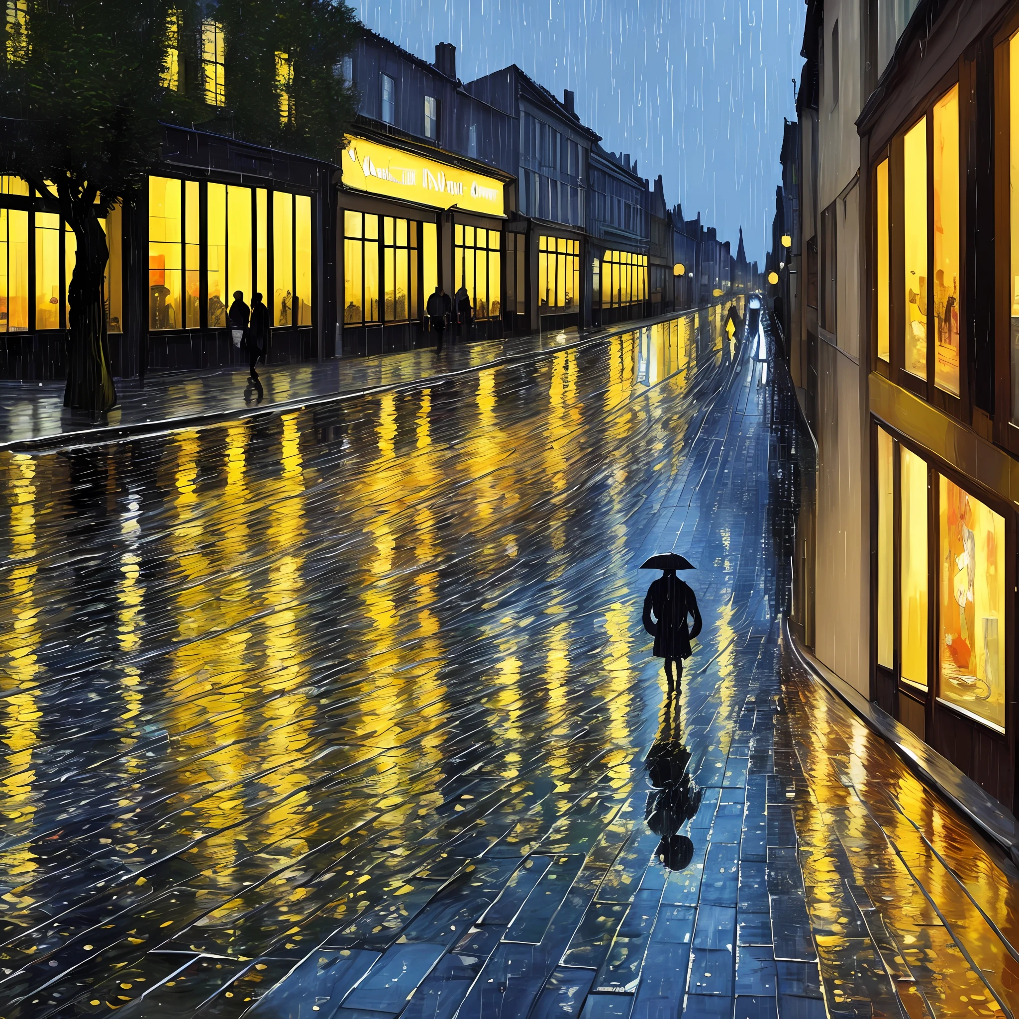 A person walking in an Alameda, raining, reflections on the floor, van gogh style painting
