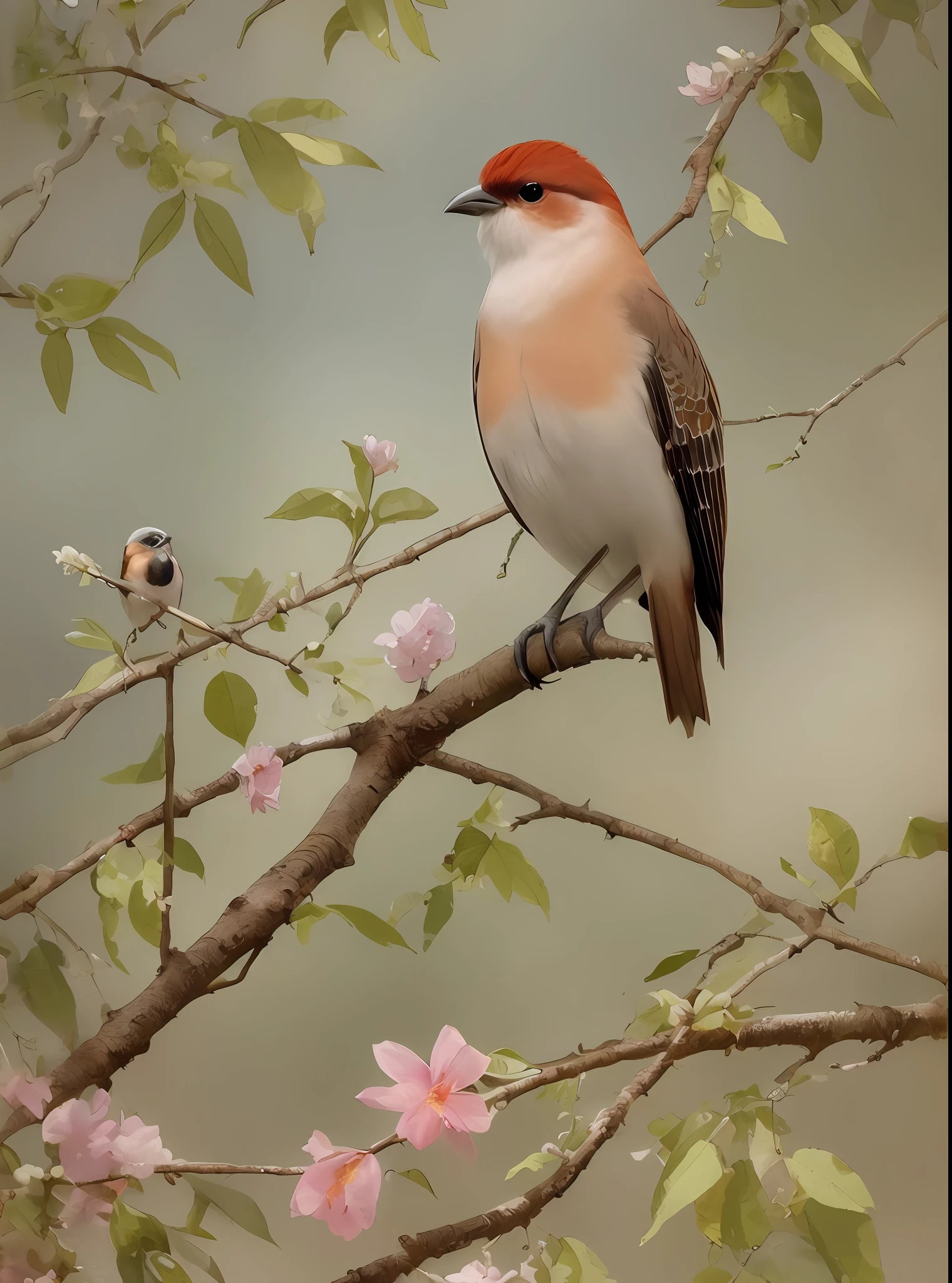 watercolor painting of a beautiful bird perched on a twig that has leaves and flowers with its two legs well drawn without deformations contrasting lighting in cold and warm colors harmonic composition