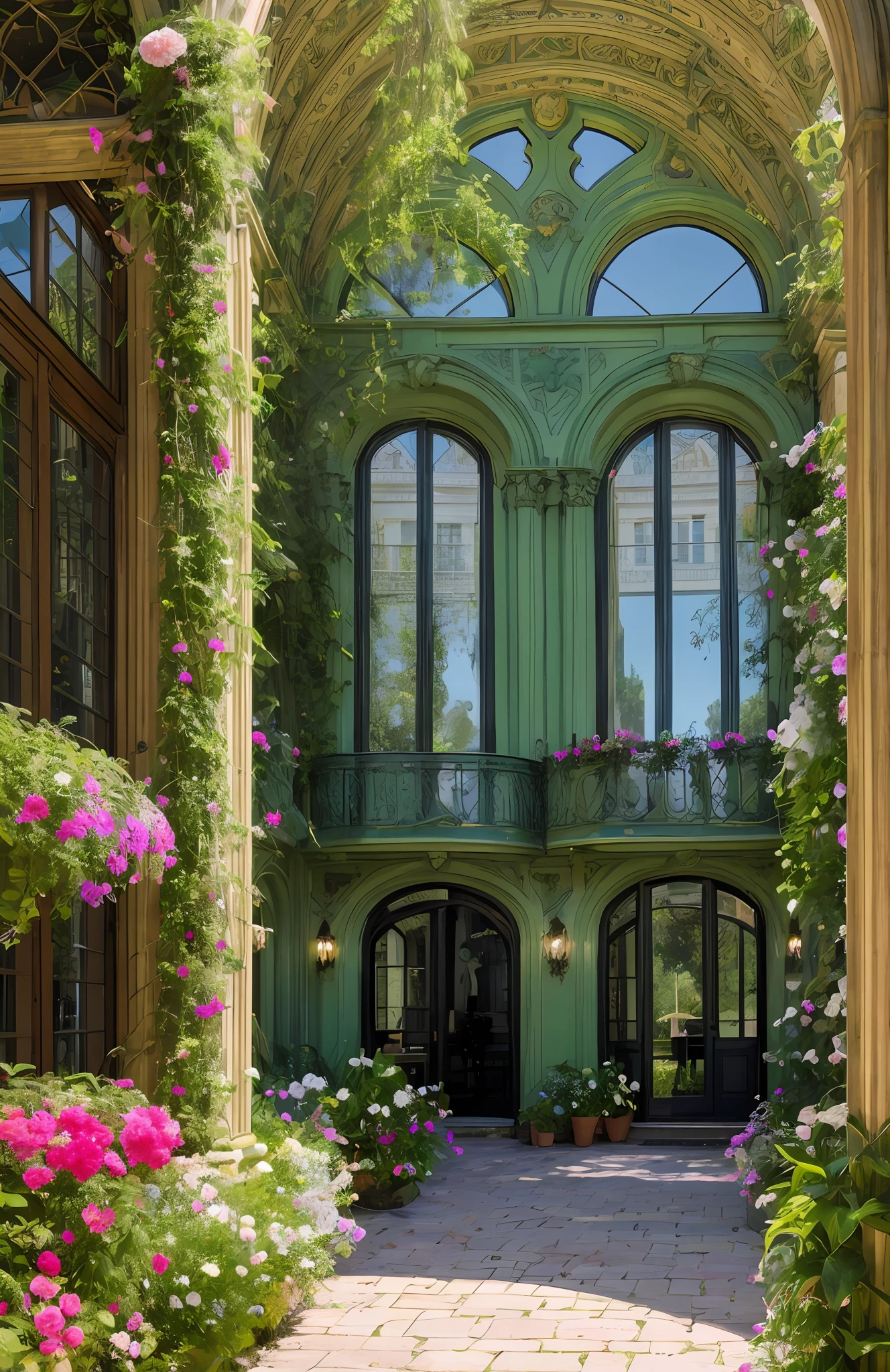 Architectural Digest photo of a maximalist green {vaporwave/steampunk/solarpunk} ((outside of a classic house )) with large arched windows, with flowers and plants, golden light, hyperrealistic surrealism, award-winning masterpiece with incredible detail, breathtaking epic