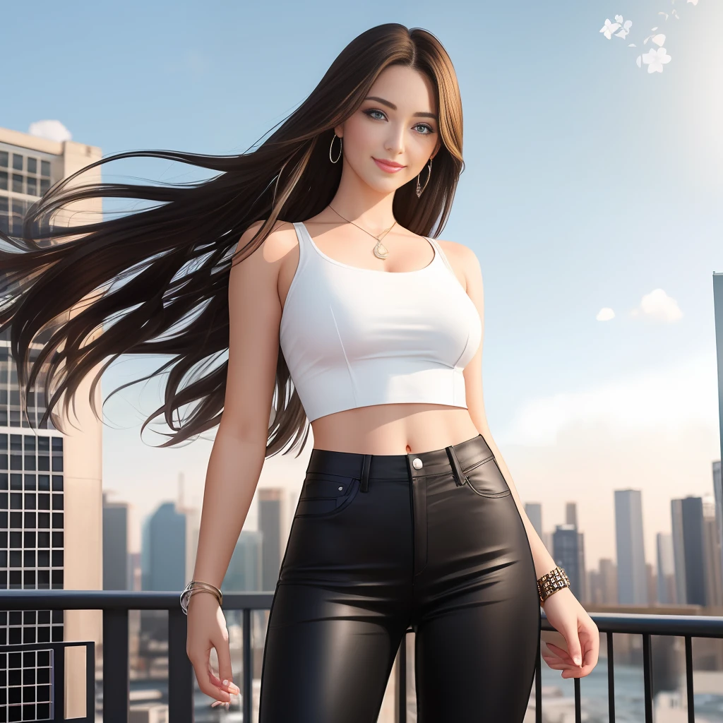 masterpiece, best quality, ultra-detailed),(1girl), blue eyes, long hair, brunette, dynamic angle, dynamic pose, natural lighting, floating, (white top:1.2|black top), (jeans:1.2|leather pants:0.9), (silver bracelet:1.2|watch), (natural background:0.8|cityscape), (smiling:0.8|serious expression), (highlight on hair), too many drops of water:0.8