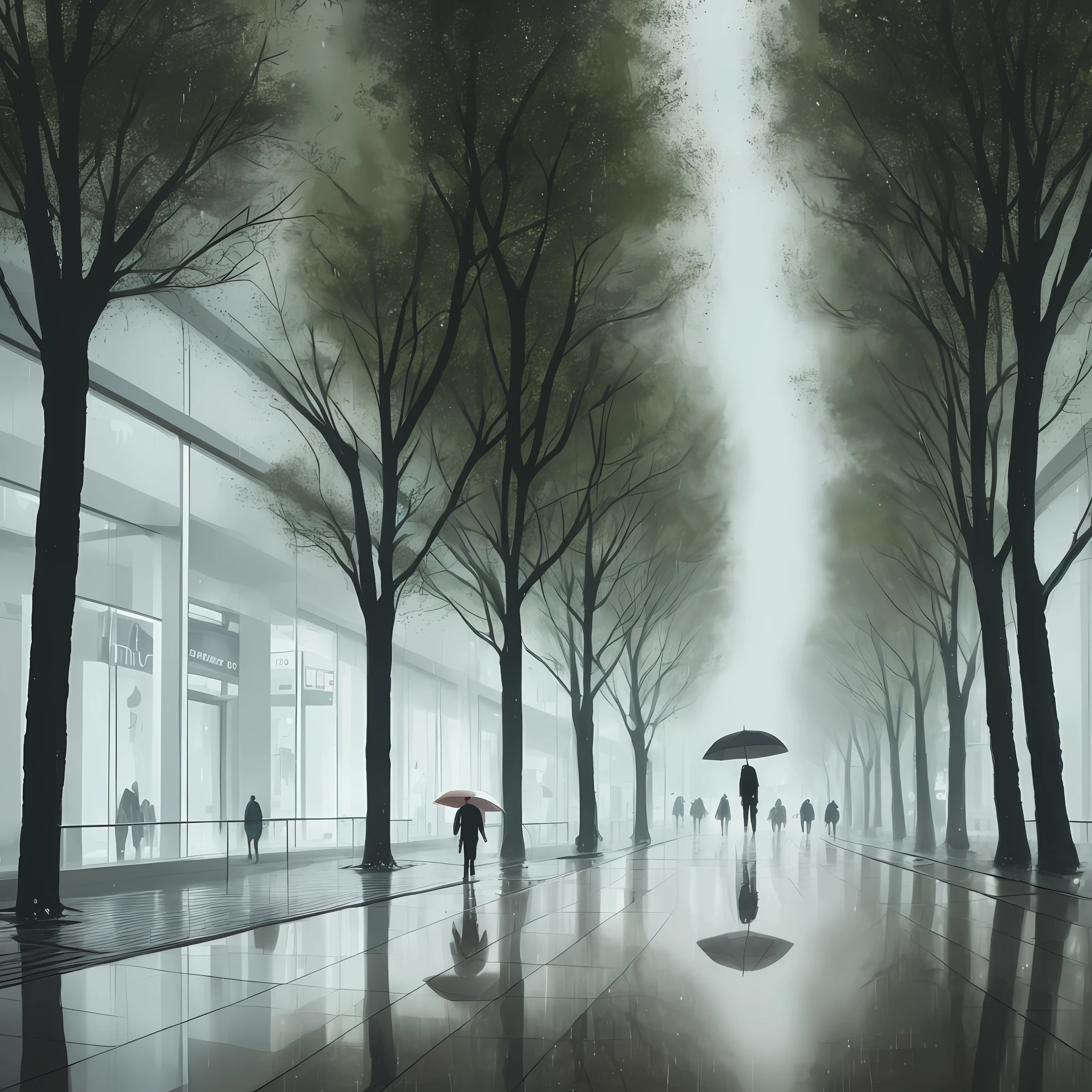 person walking in the rain in a mall, trees, reflection in the ground, auto relief, painting, 4k