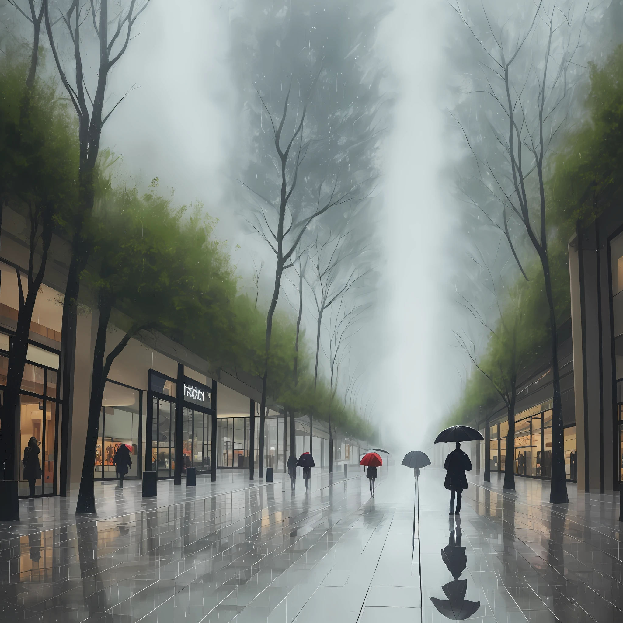 person walking in the rain in a mall, trees, reflection in the ground, auto relief, painting, 4k