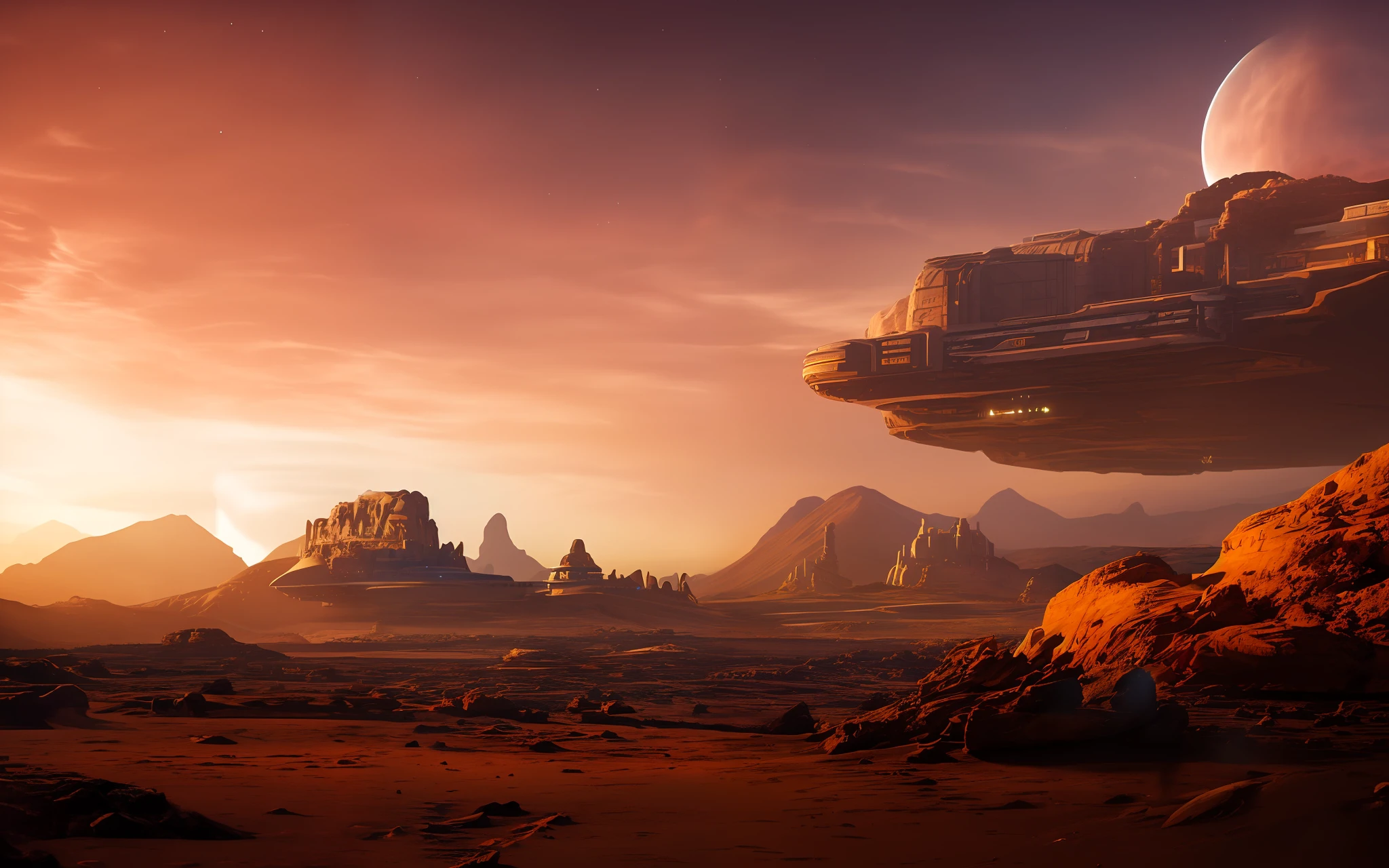 A rendering of a sci-fi palace on a desert planet, night, galactic sky