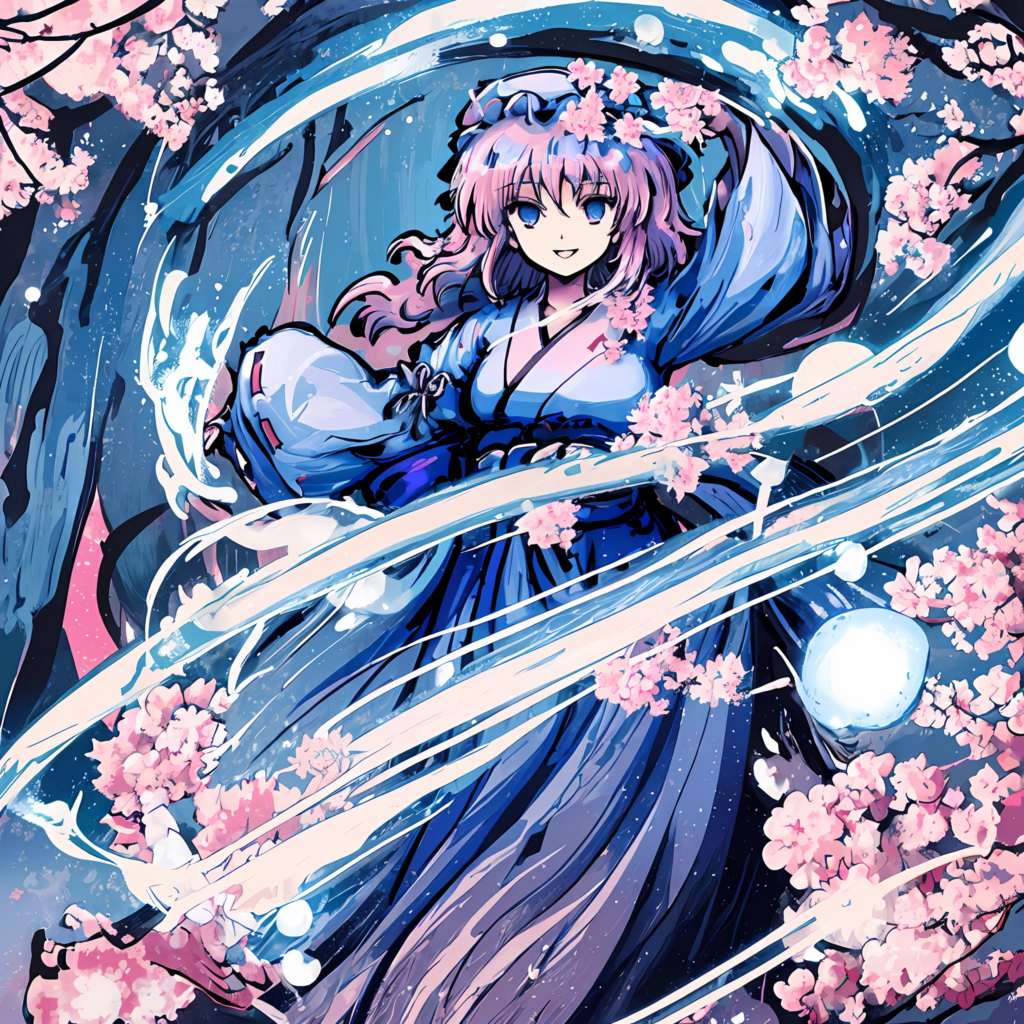 best quality saigyouji yuyuko blue sash blue kimono sakura print frills long sleeves hat black ribbon Looking at the camera, extremely detailed, highly detailed, masterpiece, smile