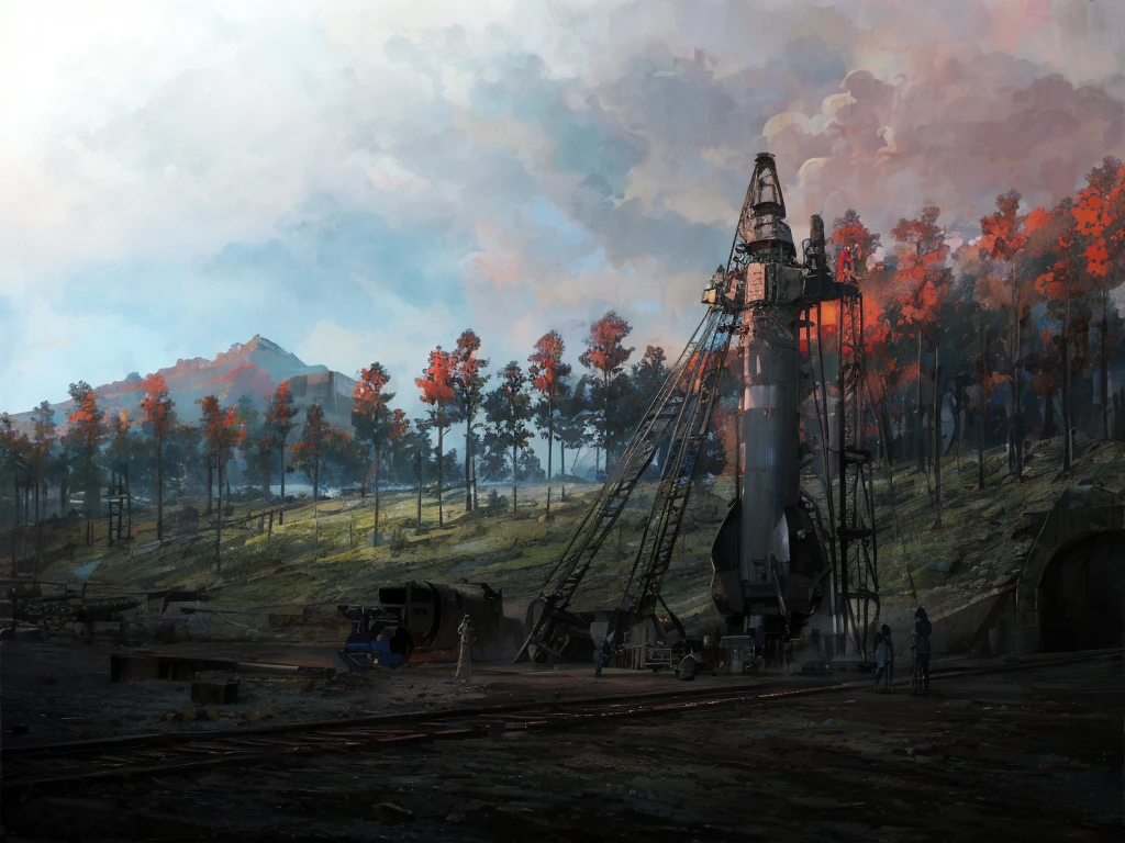 Anime girls working on rocket, V1 Rocket, ultra-detailed, best quality, realistic illumination and shadows, dynamic angle, dynamic pose, intricate machinery details, blue skies, clouds, long shot.