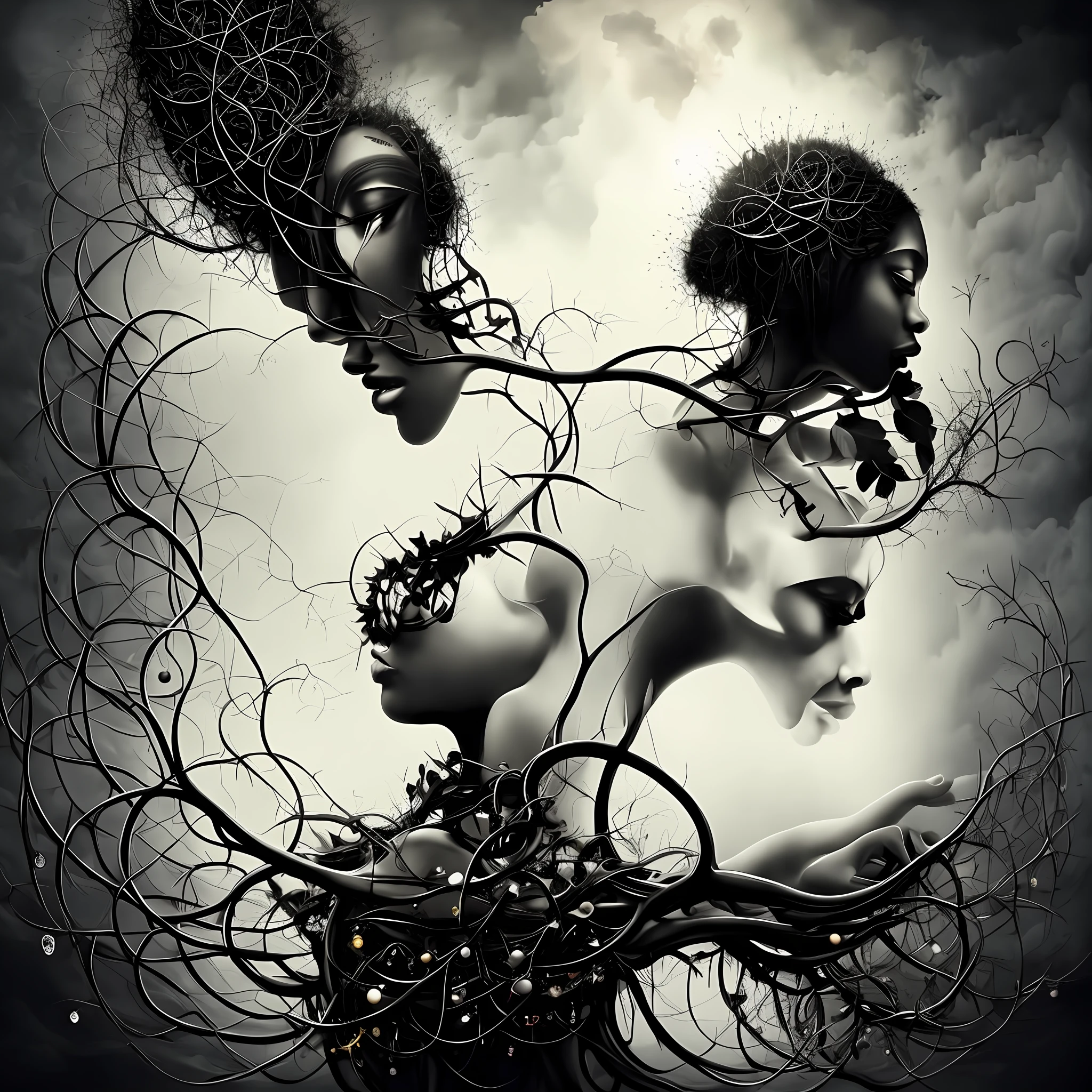 surreal painting, a black women dressed in white with crown of thorns and hair in the air, beautiful portrait, female goddess with dark skin, cinematic goddess shot, white and gold priestess robes dirty with blood and clay, goddess. extremely high details, , good and bad, unrealistic rendering