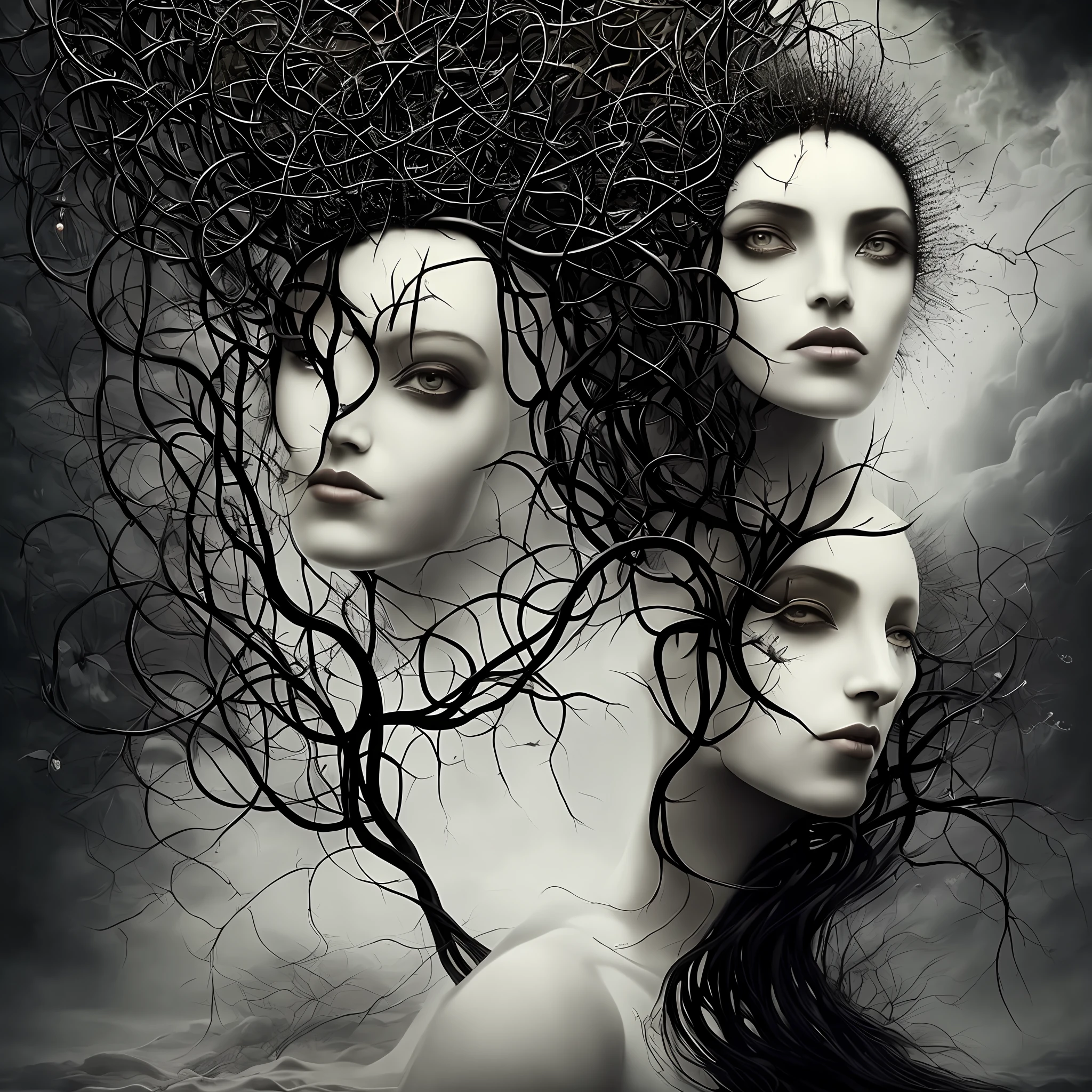 surreal painting, a black women dressed in white with crown of thorns and hair in the air, beautiful portrait, female goddess with dark skin, cinematic goddess shot, white and gold priestess robes dirty with blood and clay, goddess. extremely high detail, , good and evil
