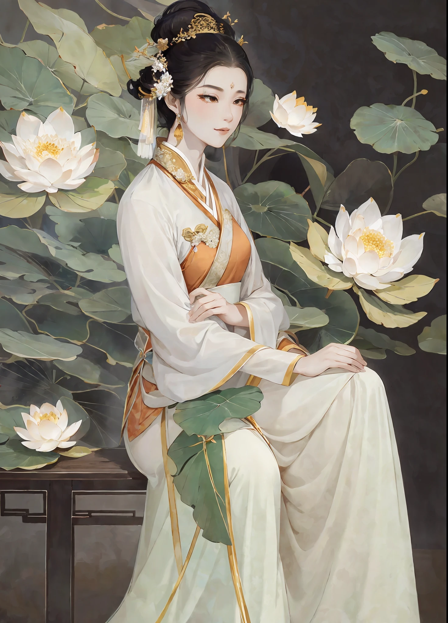 An ancient Chinese beauty, wearing ancient Chinese clothing, flowing tulle, light silk, lazy pose, big lotus leaf, lotus flower, ink painting style, clean color, decisive cut, blank space, freehand, masterpiece, super detailed , epic composition, high quality, highest quality, 4k --v 6