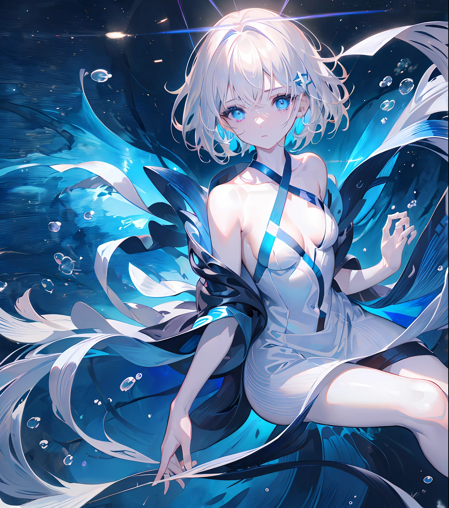 Close-up, Anime Girl, Reality Crack Underwater, Water 8k 64k HD Absolute Masterpiece Dynamic Lighting Cinematic Epic, Bright Blue Eyes, Glowing Eyes, Platinum Blonde Hair, Short Hair, Hair Clip, (( White Kimono with Blue Lines ) )), bare shoulders, at the bottom of the sea, (((calmly))), 5 fingers on the hand, detailed hands, detailed body, perfect anatomy