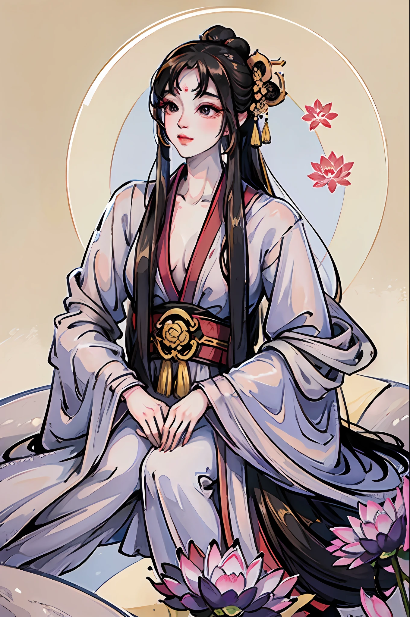 An ancient Chinese beauty, wearing ancient Chinese clothing, flowing tulle, light silk, lazy pose, big lotus leaf, lotus flower, ink painting style, clean color, decisive cut, blank space, freehand, masterpiece, super detailed , epic composition, high quality, highest quality, 4k --v 6