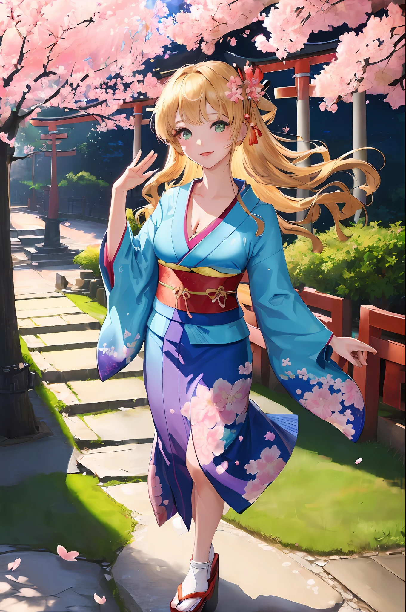 (((masterpiece: 1.5, best quality: 1.2, high resolution, super resolution, ultra detailed: 1.3, rich background: 1.4))), (close up), (1girl), solo, green eyes, blonde long hair tied with blue ribbon, hair ornament, blunt bangs, smiling, highschool girl, medium breast, cleavage, (perfect fingers: 1.5), ((hand on the air)), japanese clothes, (blue short pattern kimono), sandals, ribbon, obi, ((outdoor)), cherry blossom, (torii gate), stone staircase, sky (afternoon), cherry blossoms fall, ((dramatic light: 1.3)), cloudy, (fuji scenery behind)