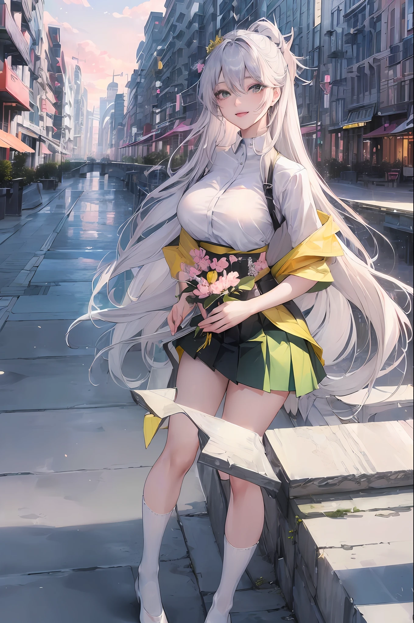 official art, masterpiece, sharp focus, (beautiful gorgeous cute Korean woman:1.3), (beautiful cute korean:1.3), korean beauty, Delicate and beautiful hair and eyes and face, realistic, ultra detailed, beautiful girl, blue sky, glow white particle, (sidelighting:1.2), sun light, white cloud, detailed clouds, slender, Lovely very large breasts and very large hips, smile with teeth, ((smile with eyes, open both eyes)), scenery, long straight hair, sexy facial expression, building, (cityscape:1.7), dynamic hair, very long straight hair, detailed platinum silver hair, glow green eyes, (pink pleated shirts + yellow skirt), white long socks, pale skin, hair ornament, epic scenery,