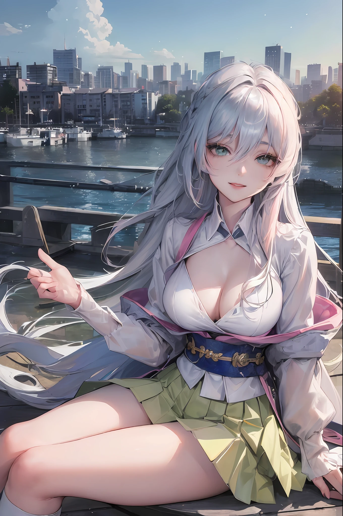 official art, masterpiece, sharp focus, (beautiful gorgeous cute Korean woman:1.3), (beautiful cute korean:1.3), korean beauty, Delicate and beautiful hair and eyes and face, realistic, ultra detailed, beautiful girl, blue sky, glow white particle, (sidelighting:1.2), sun light, white cloud, detailed clouds, slender, Lovely very large breasts and very large hips, smile with teeth, ((smile with eyes, open both eyes)), scenery, long straight hair, sexy facial expression, building, (cityscape:1.7), dynamic hair, very long straight hair, detailed platinum silver hair, glow green eyes, (pink pleated shirts + yellow skirt), white long socks, pale skin, hair ornament, epic scenery,