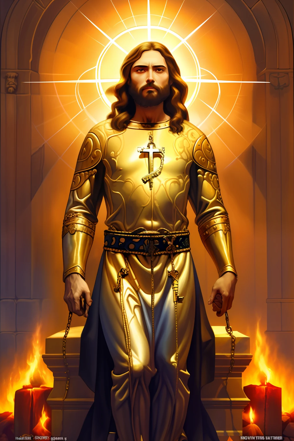 jesus with his glory, holds the key to hell, treads on satan