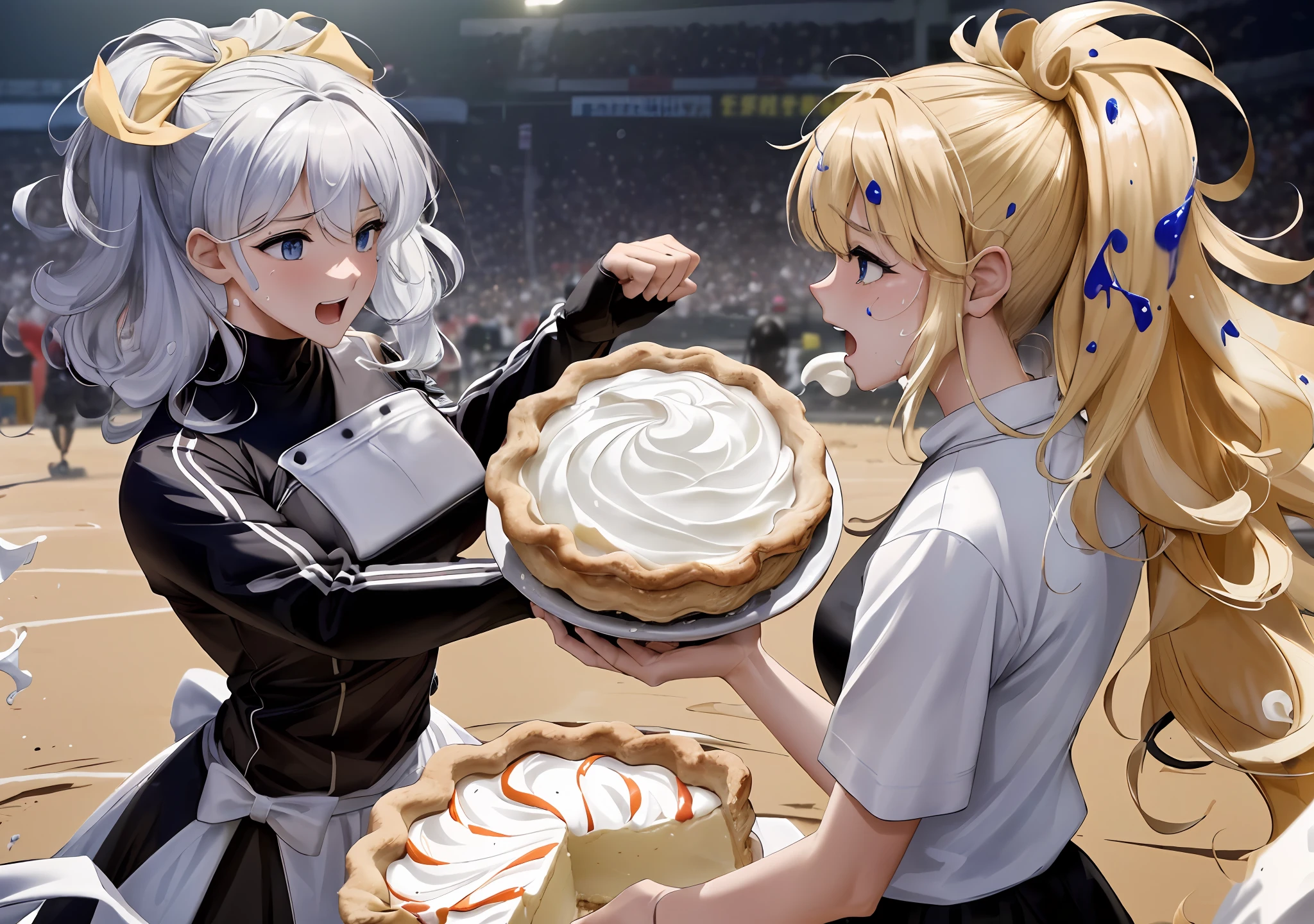 (extremely detailed CG unity 8k wallpaper, masterpiece, best quality, ultra-detailed), (best illumination, best shadow, dynamic angle, dynamic pose), (messy), (humiliated and shocked expression) (humiliating), (black spandex outfit), (huge pie-throwing contest). Watch them get loads of (whipped cream pies splattered all over their face and body: 3,3). It’s a (messy game: 9,9) and (wet and messy: 1,9) experience as they endure (body covered in pies: 8,8) from the (pie toss) and (pie throw: 1,9) and (pie fight: 1,9), with (flying cream), (large pie splatters: 1,9) and (pies thrown galore), (dynamic), (action shot), cream Smear, large cream splatters, stained hair