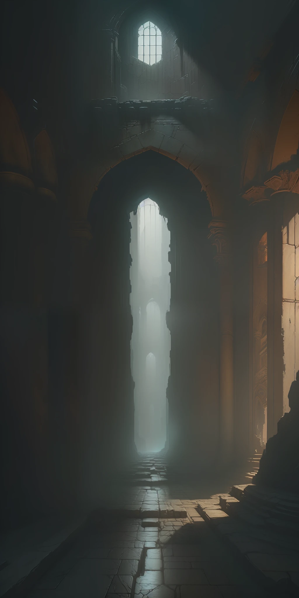 (masterpiece), vast ancient dungeon, (decrepit scenery), megastructure, (art by [Bastien Lecouffe-Deharme|Caspar David Friedrich ]:1.2), (unreal engine render, photorealistic painting, photorealism:1.2), (mysterious)