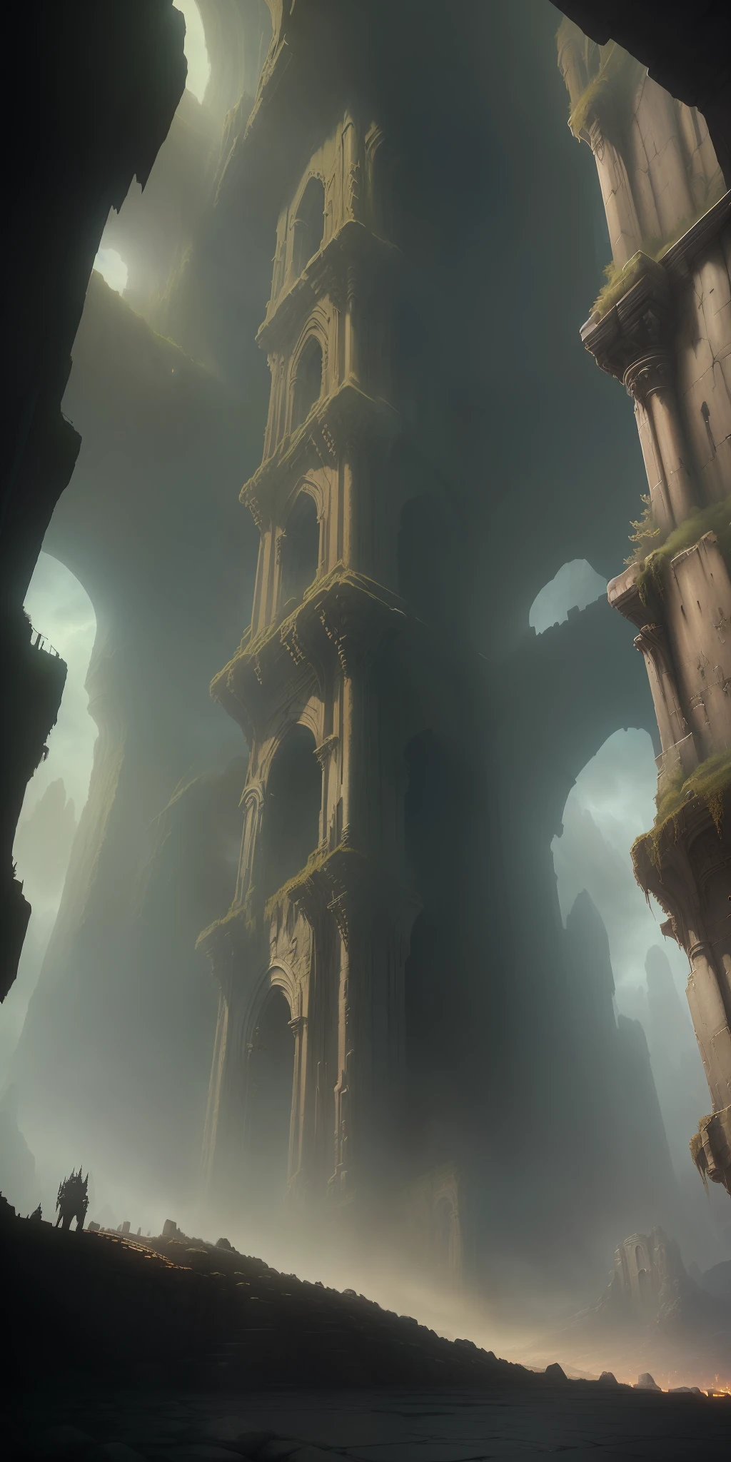 (masterpiece), vast ancient dungeon, (decrepit scenery), megastructure, (art by [Bastien Lecouffe-Deharme|Caspar David Friedrich ]:1.2), (unreal engine render, photorealistic painting, photorealism:1.2), (mysterious)