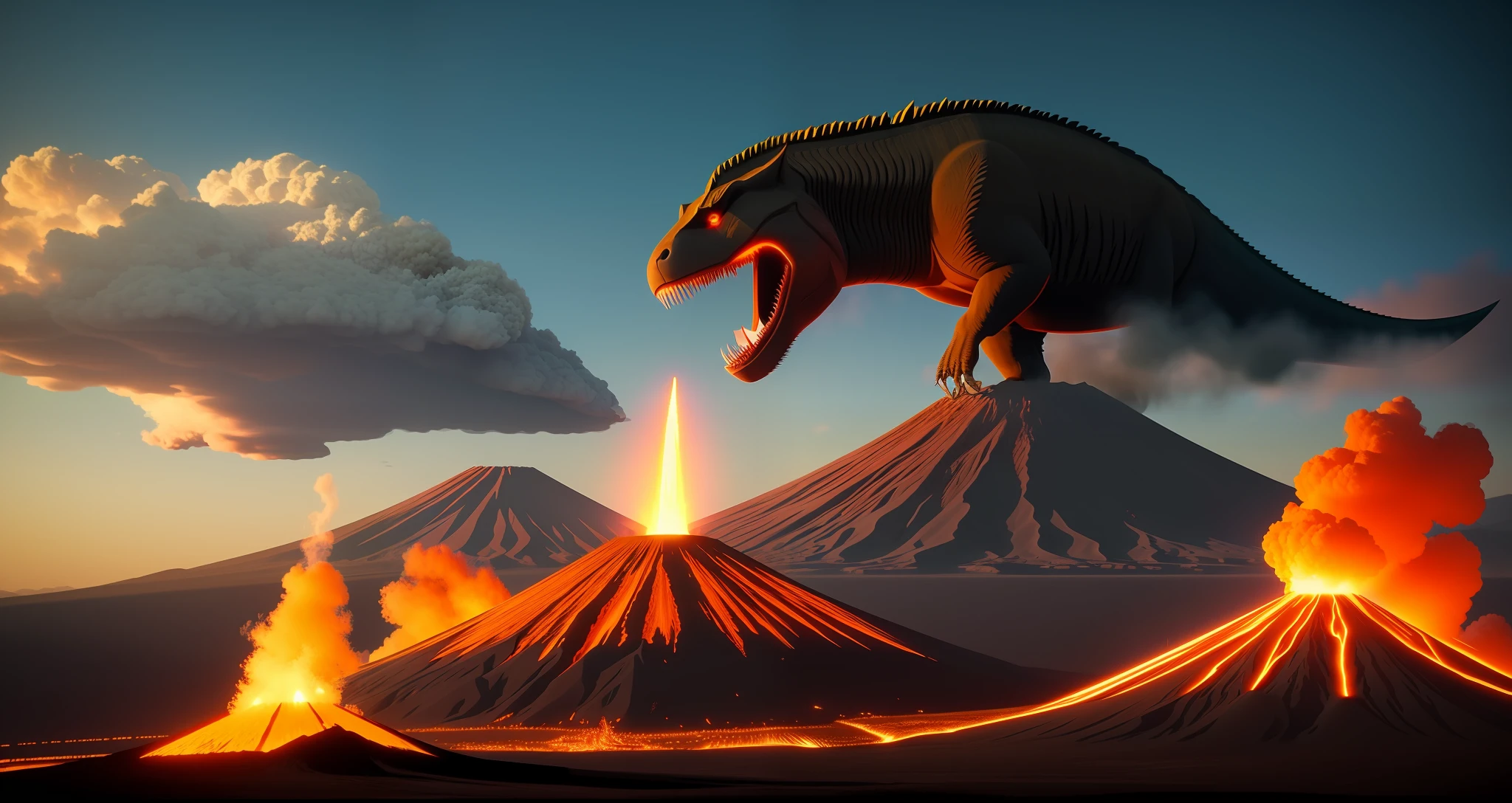 fierce T rex, volcano, fire, falling meteor, smoke, super realistic, 8k