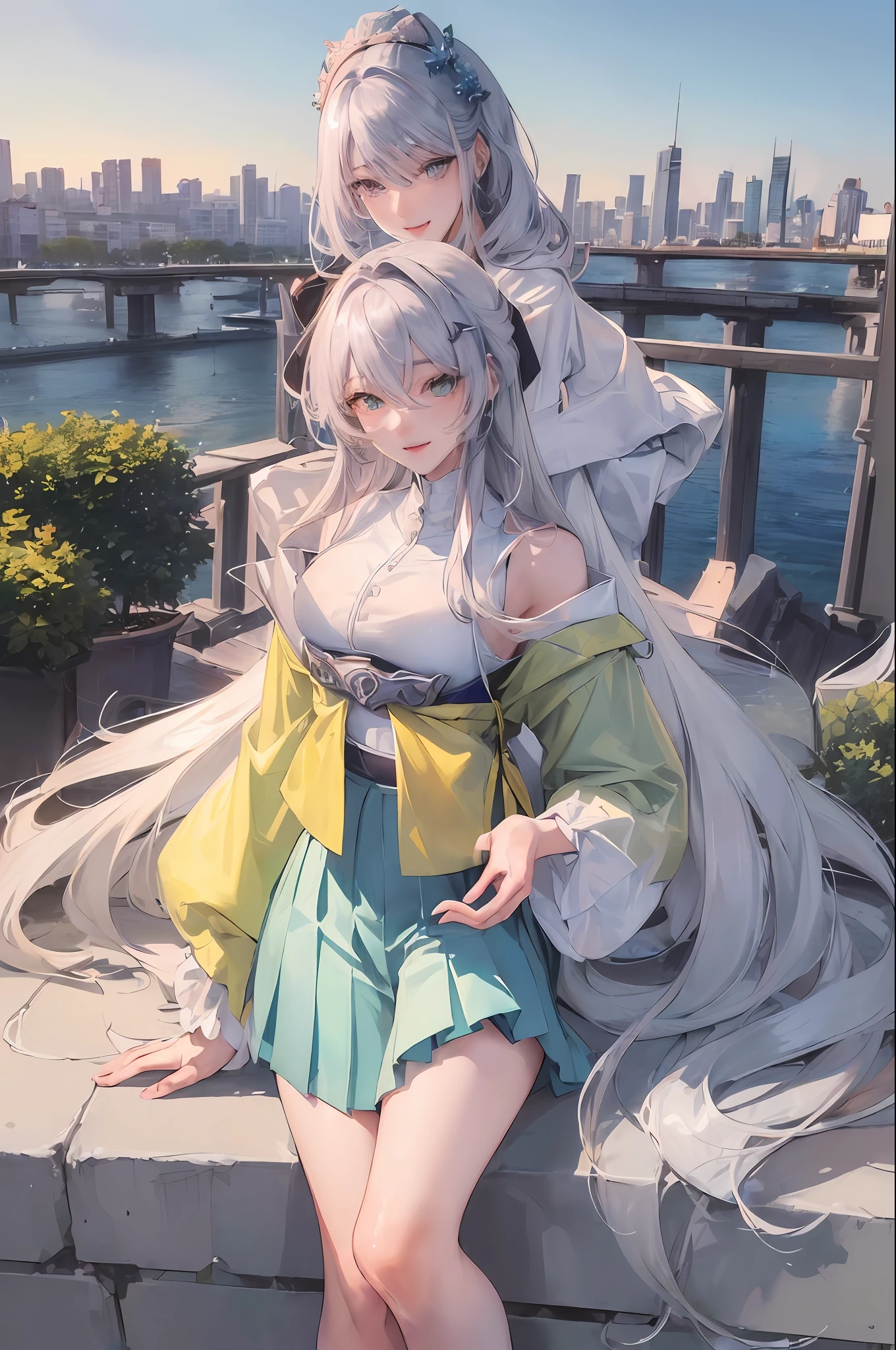 official art, masterpiece, sharp focus, (beautiful gorgeous cute Korean woman:1.3), (beautiful cute korean:1.3), korean beauty, Delicate and beautiful hair and eyes and face, realistic, ultra detailed, beautiful girl, blue sky, glow white particle, (sidelighting:1.2), sun light, white cloud, detailed clouds, slender, Lovely very large breasts and very large hips, smile with teeth, ((smile with eyes, open both eyes)), scenery, long straight hair, sexy facial expression, building, (cityscape:1.7), dynamic hair, very long straight hair, detailed platinum silver hair, glow green eyes, (pink pleated shirts + yellow skirt), white long socks, pale skin, hair ornament, epic scenery,