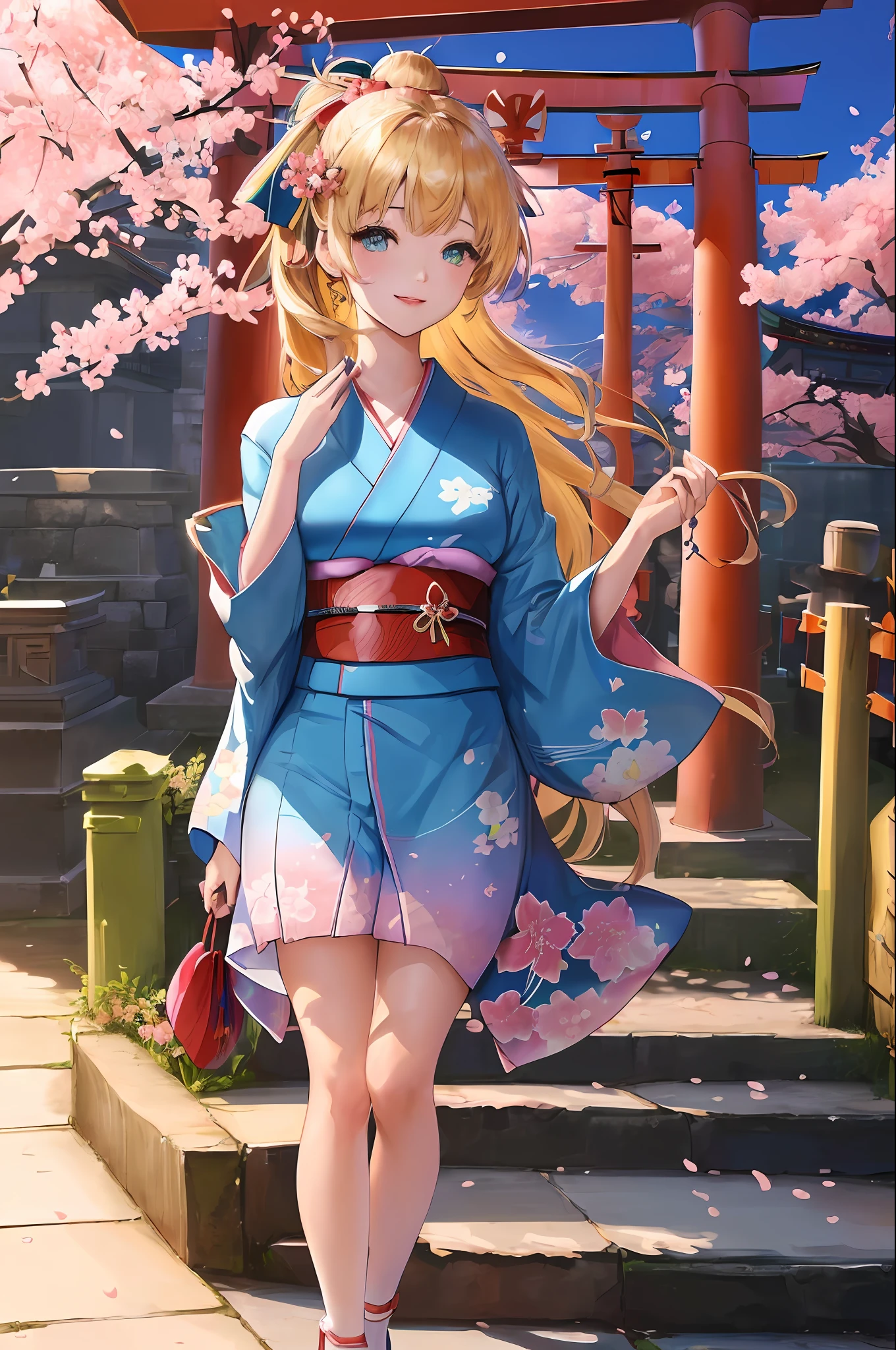 (((masterpiece: 1.5, best quality: 1.2, high resolution, super resolution, ultra detailed: 1.3, rich background: 1.4))), (close up), (1girl), solo, green eyes, blonde long hair tied with blue ribbon, hair ornament, blunt bangs, smiling, highschool girl, medium , (perfect fingers), ((hand on the air)), japanese clothes, (blue short pattern kimono), sandals, ribbon, obi, ((outdoor)), cherry blossom, (torii gate), stone staircase, sky (afternoon), cherry blossoms fall, ((dramatic light: 1.3)), cloudy, (fuji scenery behind)