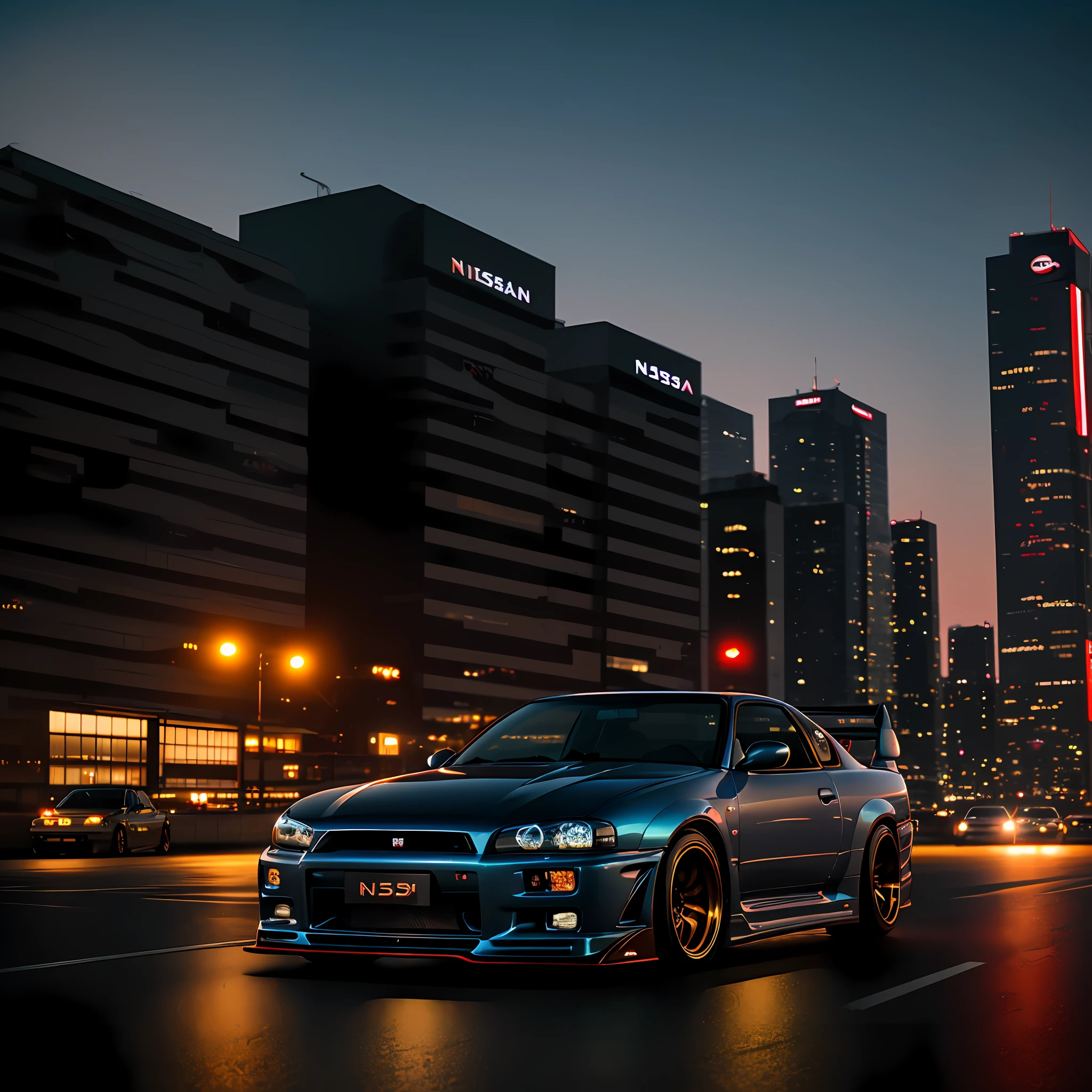 Nissan Skyline r34, midtown tokyo, sunset, cinematic lights
