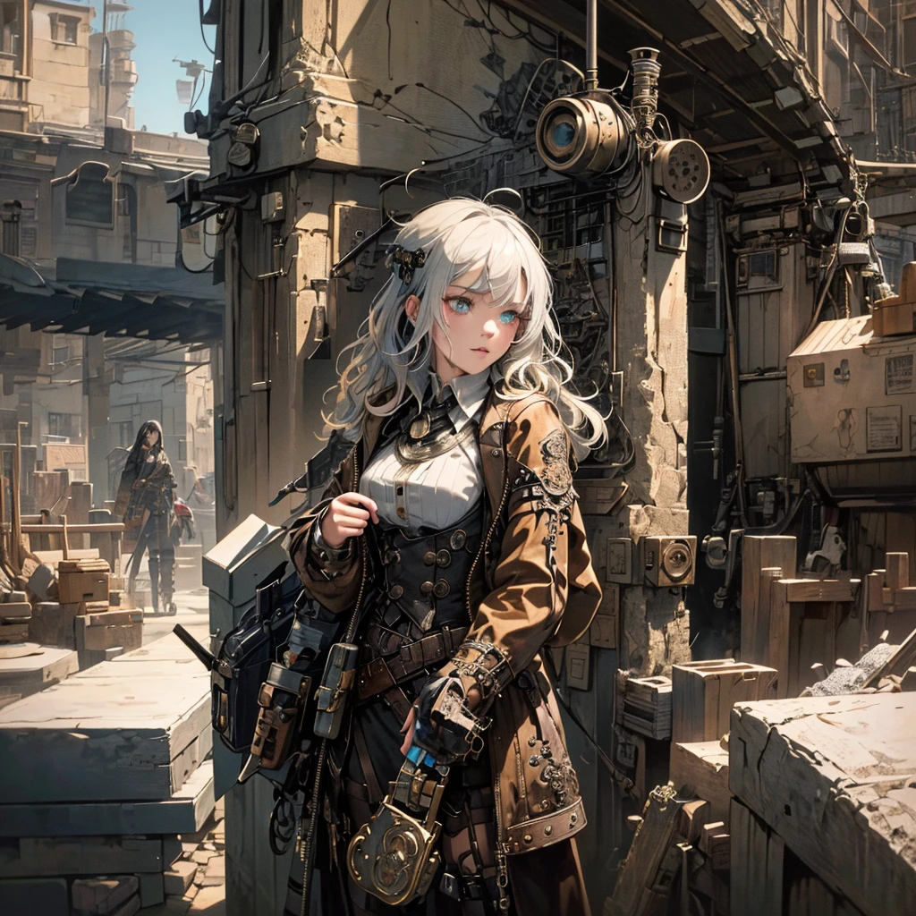 (absurdres, highres, ultra detailed), 1woman, mature female, aged up, wavy long hair, split-color hair, heterochromia, bangs, long sleeves, finely detailed eyes and detailed face, extremely detailed CG unity 8k wallpaper, intricate details, (style-rustmagic:0.8), (medieval cyborg:0.8), portrait, (bloody wounds:0.7), looking at viewer, solo, half shot, detailed background, (steampunk theme:1.1) determined expression, dark couds technomancer, floating lights, color leather vest with gears, techwear, jetpack, workshop in background, machines, gears, steam, industry, technology, furnace, grime, anvil, buttons, levers, automaton, electricity, electric sparks epic atmosphere,, portrait