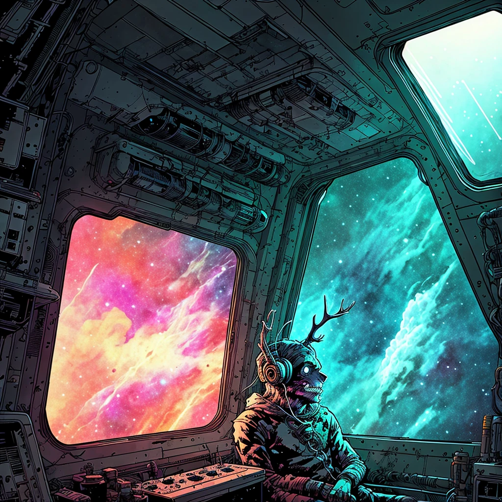 Wendigo listening to headphones, Splash panel art style Sean Gordon Murphy, on spaceship, lofi colors, window view endless cosmos galaxy nebula in background, ultra detailed illustration, music poster, glow around face, cozy interior and frozen hellscape abyss exterior