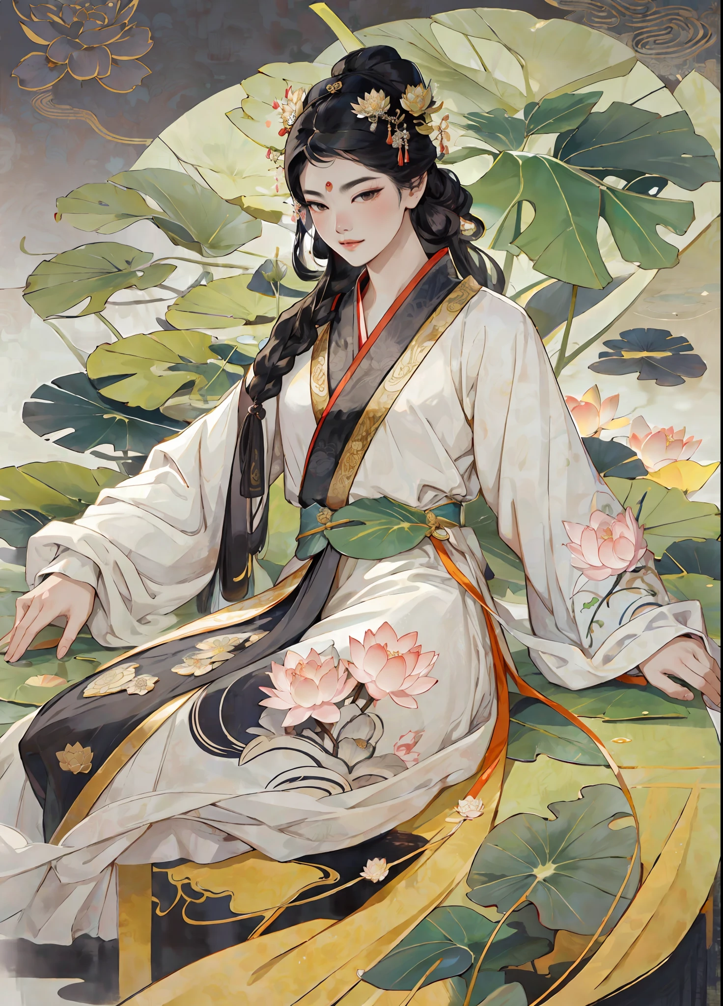 An ancient Chinese beauty, wearing ancient Chinese clothing, flowing tulle, light silk, lazy pose, big lotus leaf, lotus flower, ink painting style, clean color, decisive cut, blank space, freehand, masterpiece, super detailed , epic composition, high quality, highest quality, 4k --v 6