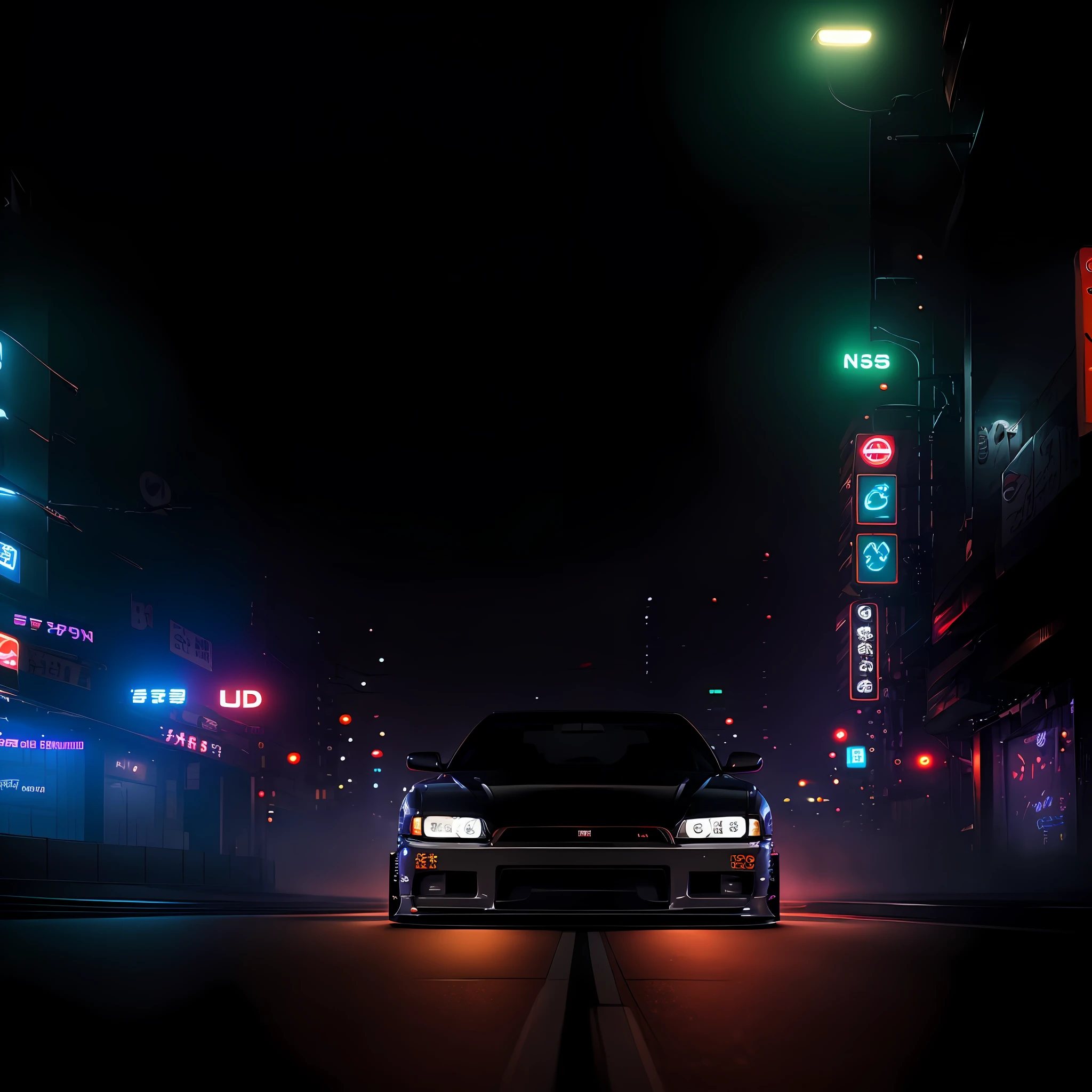 Nissan Skyline r34, midtown tokyo, night,foggy,neon lights,uhd