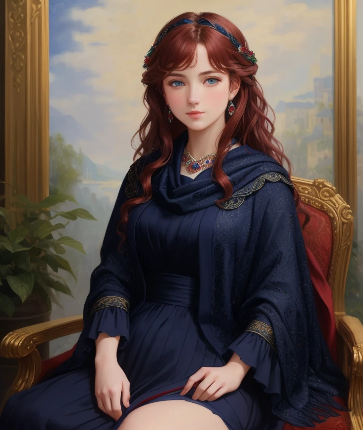 15 year old female, blue eyes, wavy dark red hair, smooth fair skin, small breasts, fancy dress, navy blue shawl, high detail, high quality, a masterpiece, 8k resolution, dynamic lighting, hyperdetailed, intricately detailed, deep color, oil painting, classical painting, portrait, head and shoulders portrait, sitting down